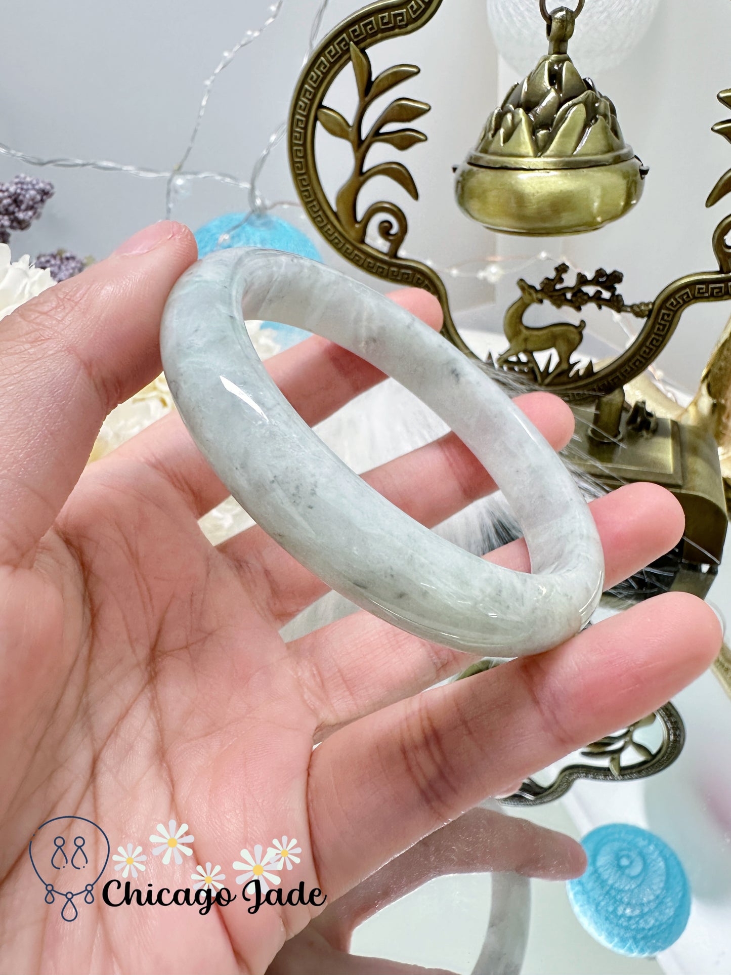 Light Grey Base with Touches of Wuji Black Dots Natural Untreated Jadeite Jade Feicui Bangle Grade A Certified