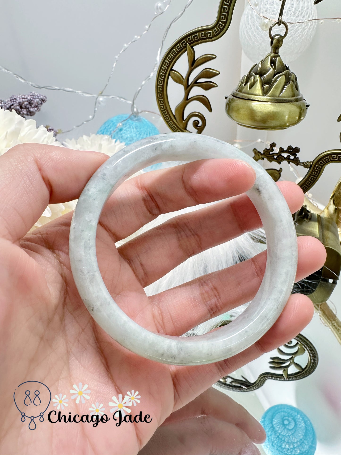 Light Grey Base with Touches of Wuji Black Dots Natural Untreated Jadeite Jade Feicui Bangle Grade A Certified