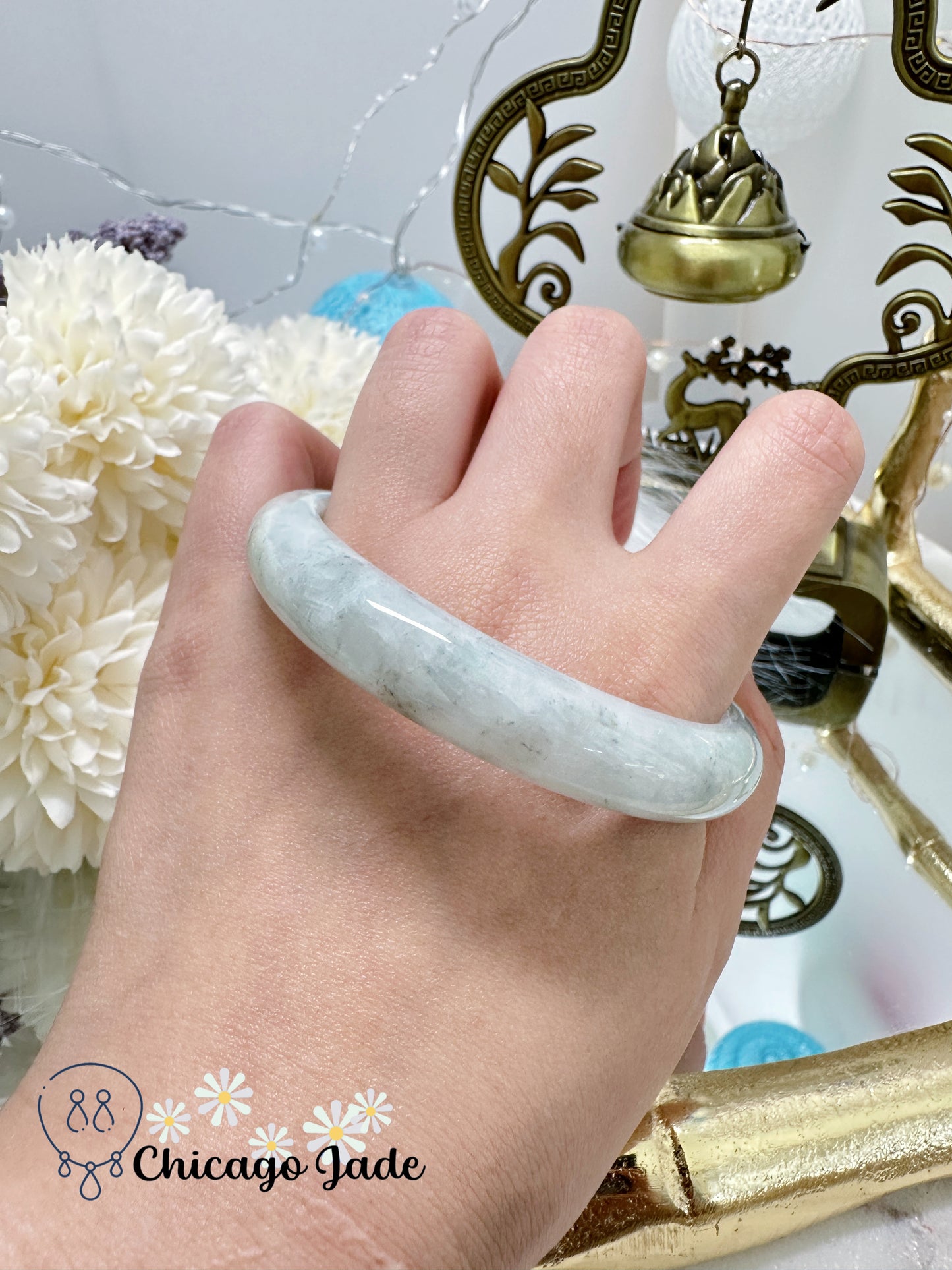 Light Grey Base with Touches of Wuji Black Dots Natural Untreated Jadeite Jade Feicui Bangle Grade A Certified