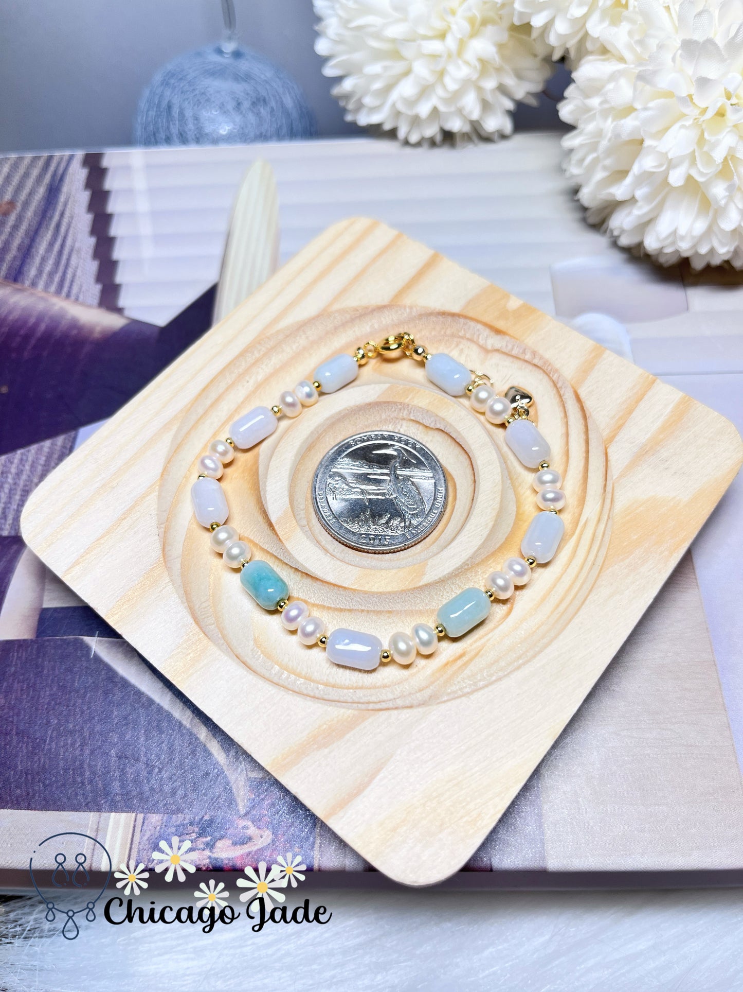Multi-Color Natural Grade A Untreated Burma Jadeite Jade Feicui with Freshwater Pearls Handmade Beaded Bracelet