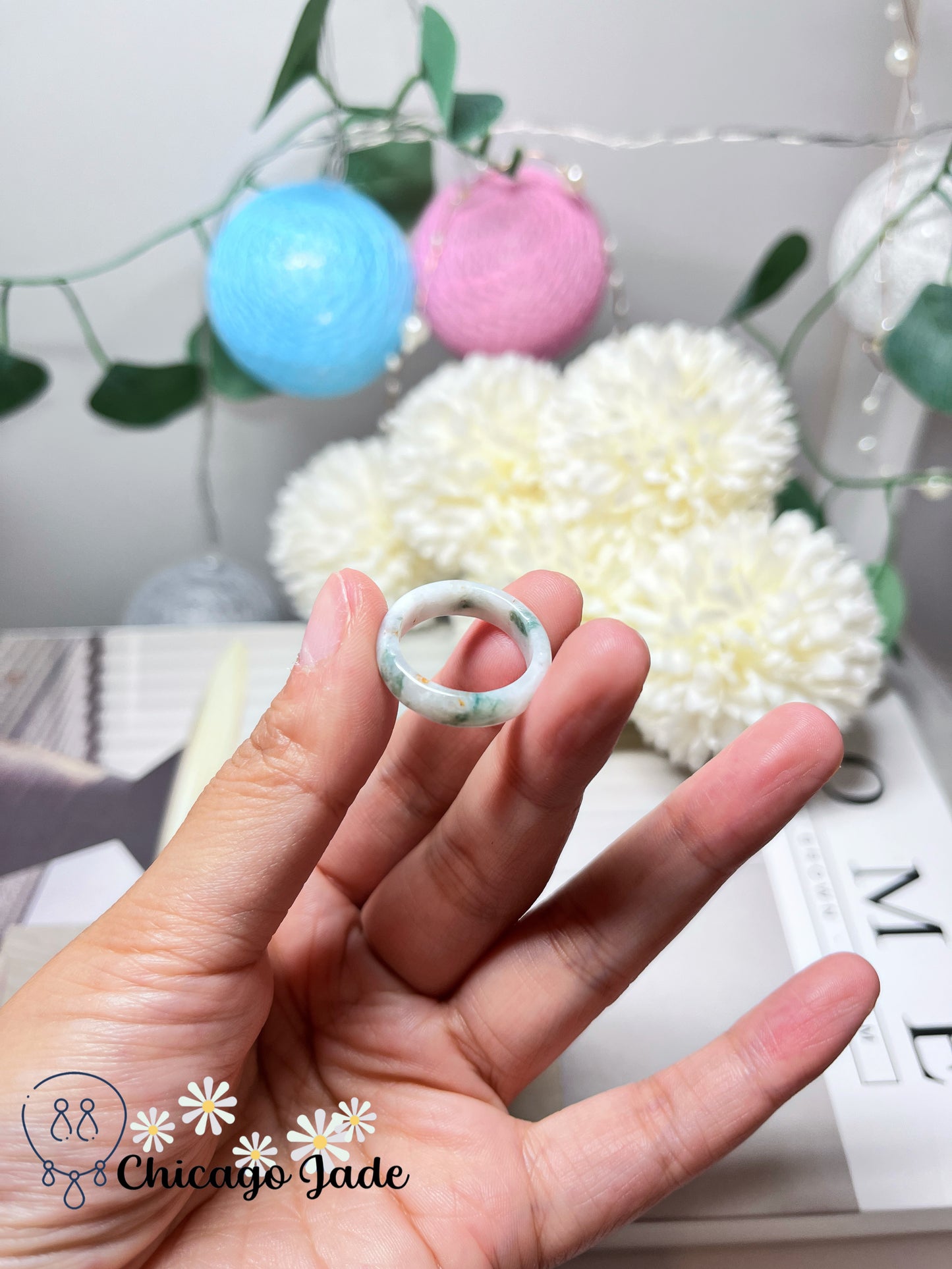 Size 6-6.5 Natural Untreated Jadeite Jade Ring Band Moonlight White with Green Highlights Myanmar Handmade Finely Polished