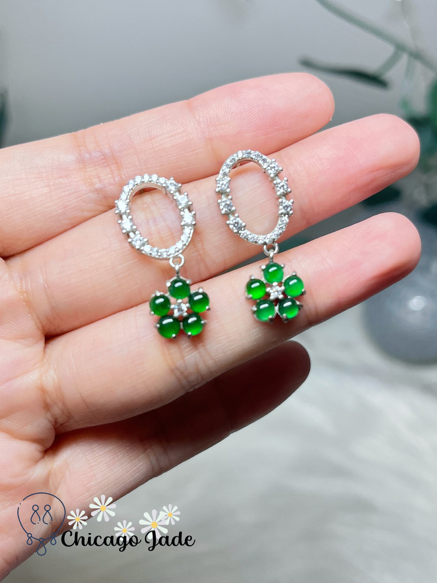 Multi-Stone Bright Green Grade A Authentic Undyed Certified Jadeite Jade Feicui on Sterling Silver Drop Earring Handmade Gift