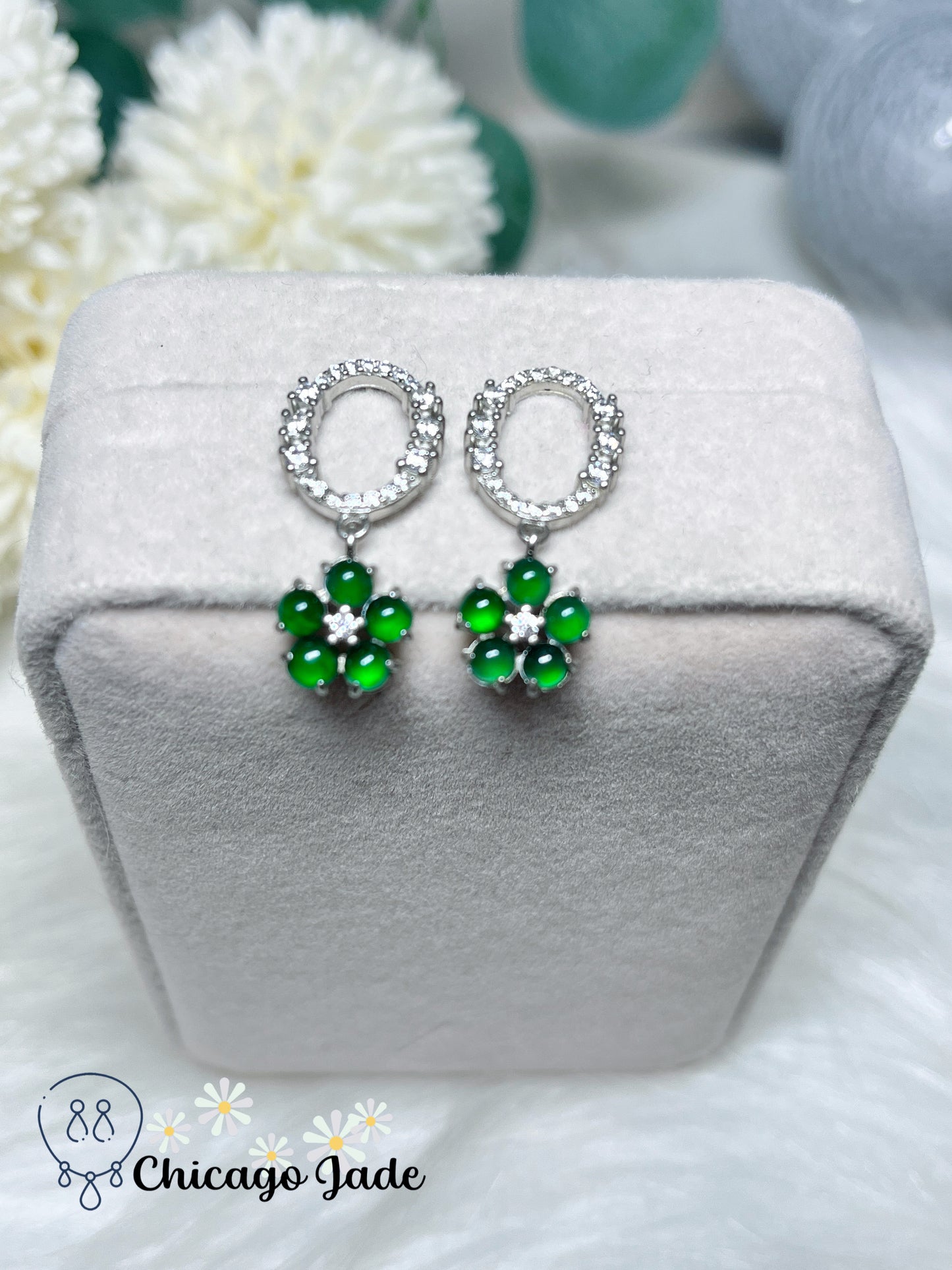 Multi-Stone Bright Green Grade A Authentic Undyed Certified Jadeite Jade Feicui on Sterling Silver Drop Earring Handmade Gift