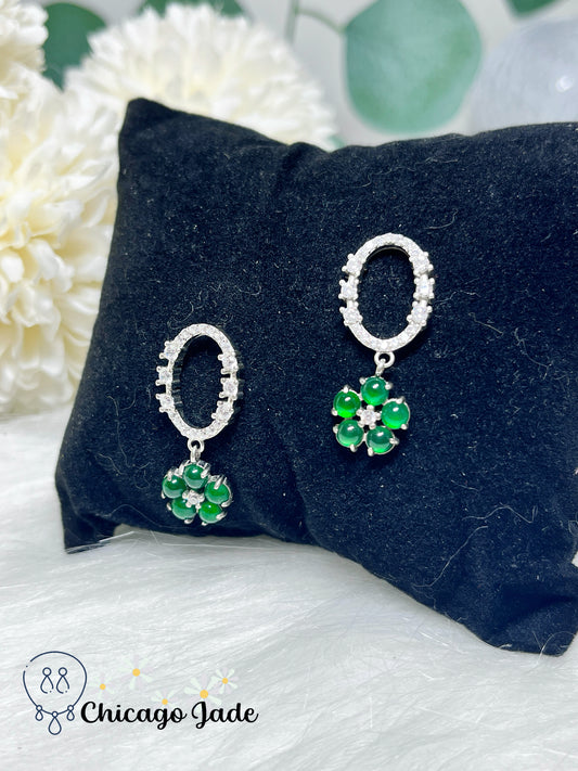 Multi-Stone Bright Green Grade A Authentic Undyed Certified Jadeite Jade Feicui on Sterling Silver Drop Earring Handmade Gift