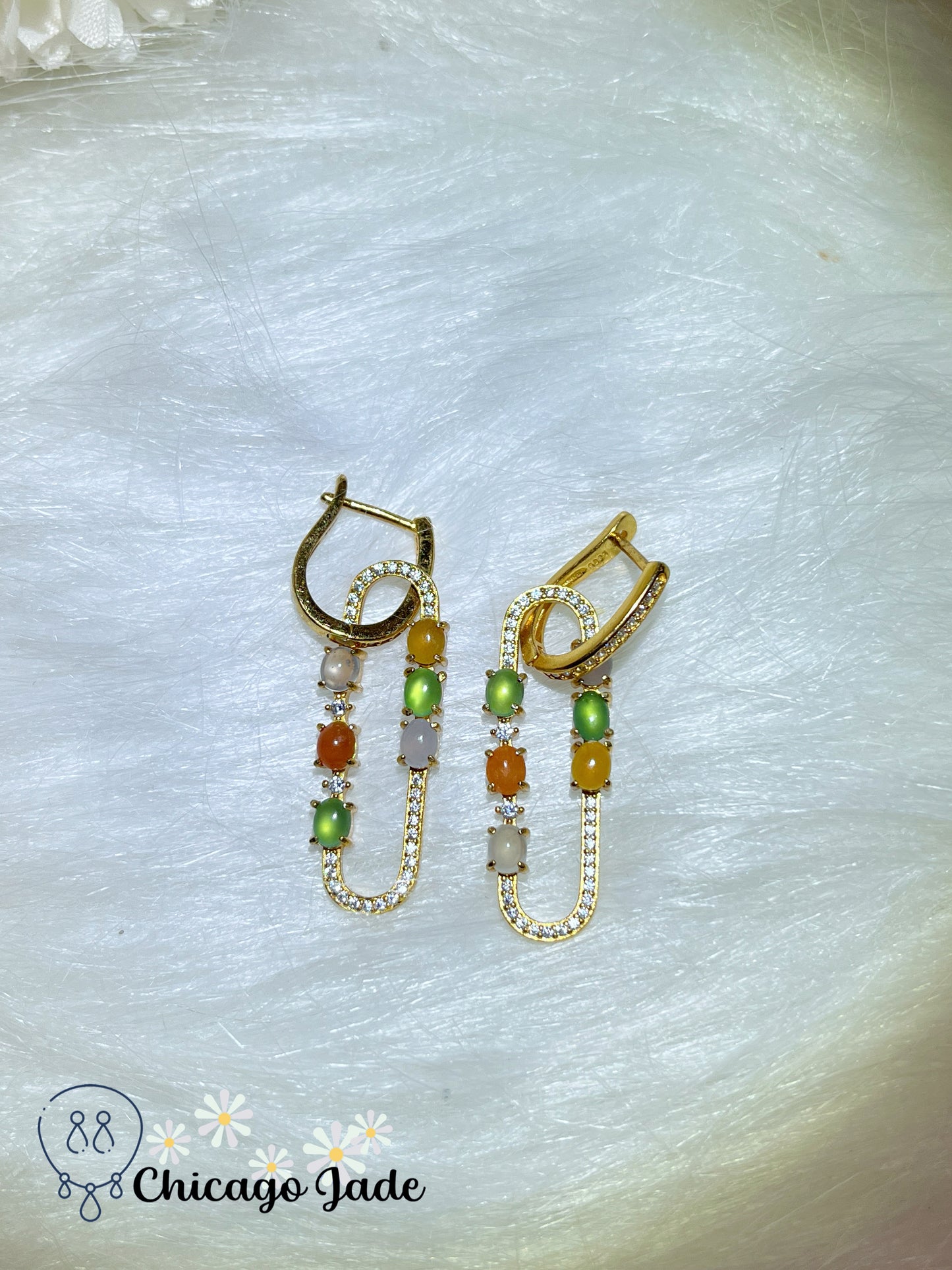 Holiday Special Designer Collection Rare Fine Bright Orange Multi-Color Authentic Grade A Certified Burma Jade on Gold Plated Sterling Silver Loop Earring Handmade Gift