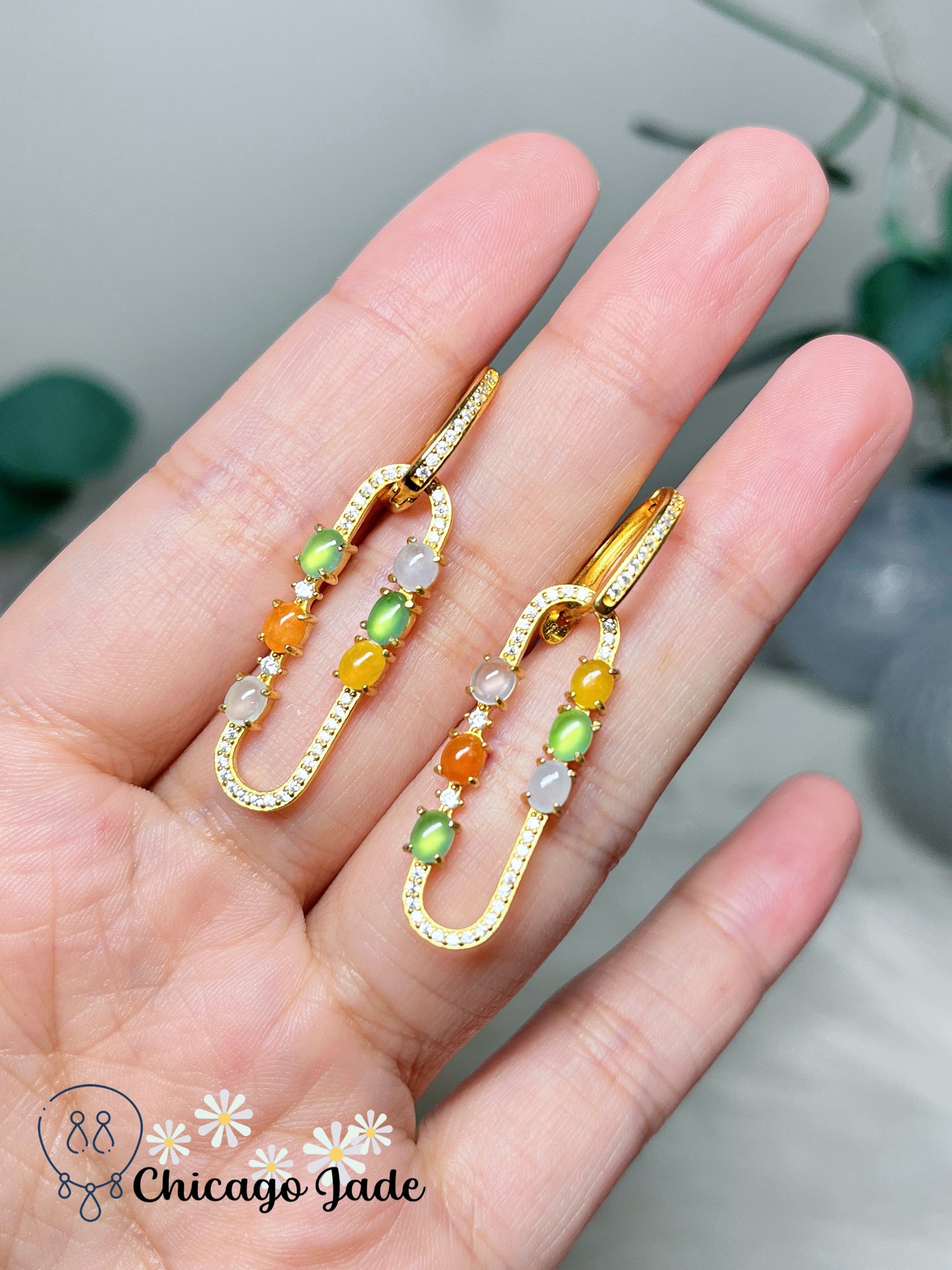 Holiday Special Designer Collection Rare Fine Bright Orange Multi-Color Authentic Grade A Certified Burma Jade on Gold Plated Sterling Silver Loop Earring Handmade Gift