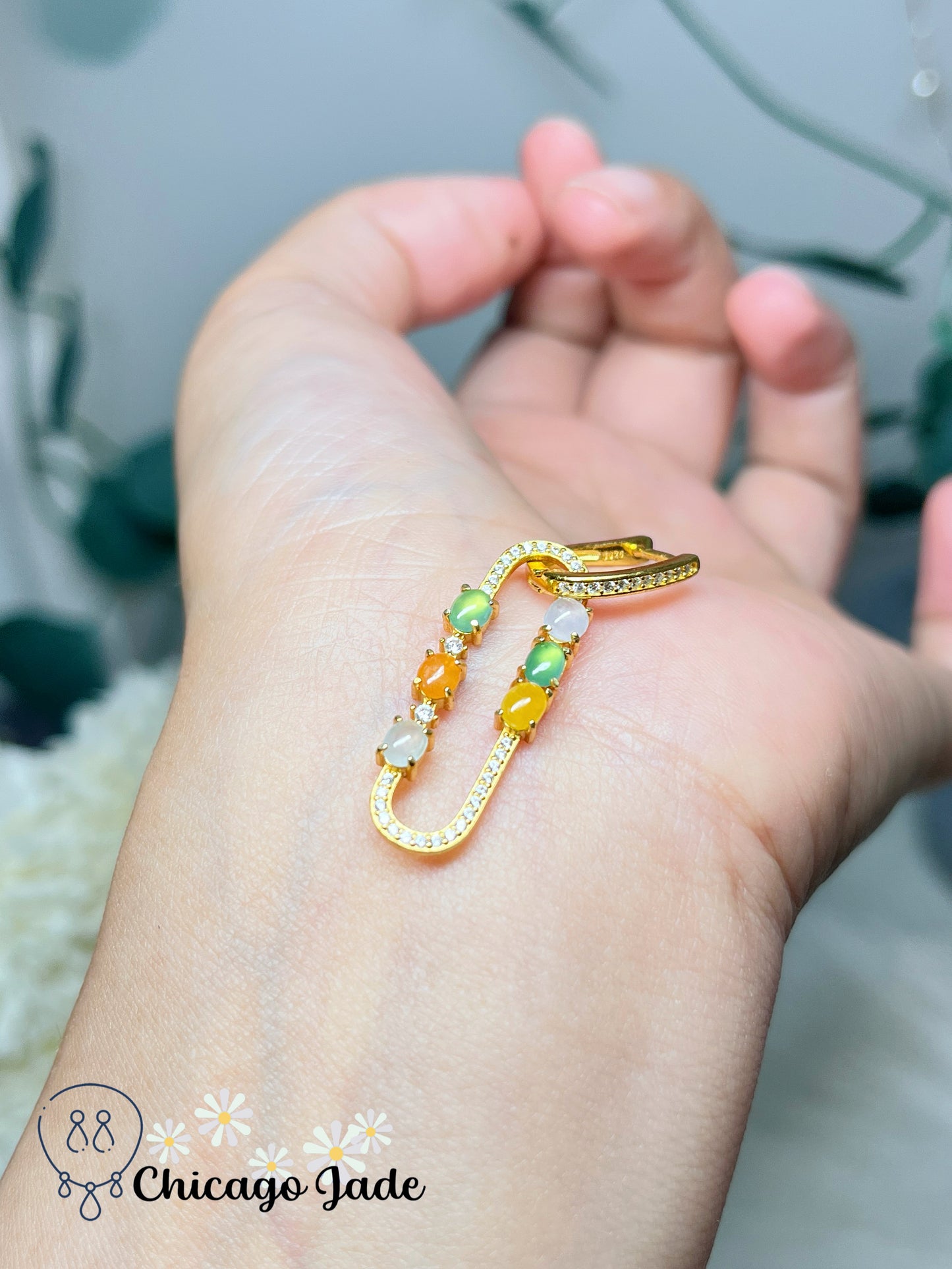 Holiday Special Designer Collection Rare Fine Bright Orange Multi-Color Authentic Grade A Certified Burma Jade on Gold Plated Sterling Silver Loop Earring Handmade Gift