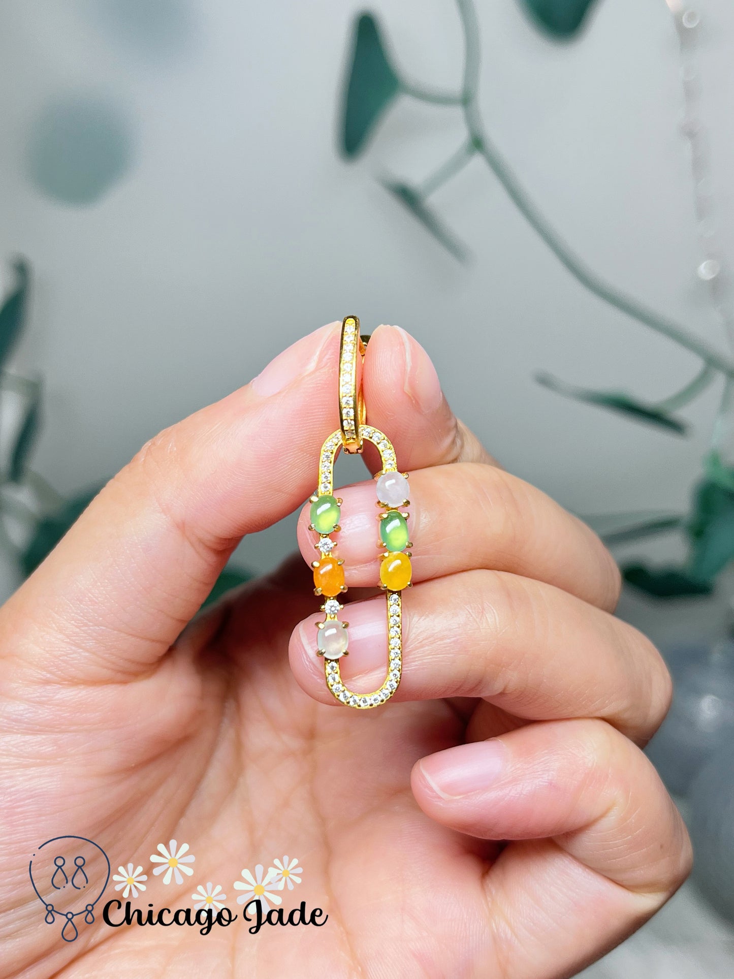 Holiday Special Designer Collection Rare Fine Bright Orange Multi-Color Authentic Grade A Certified Burma Jade on Gold Plated Sterling Silver Loop Earring Handmade Gift