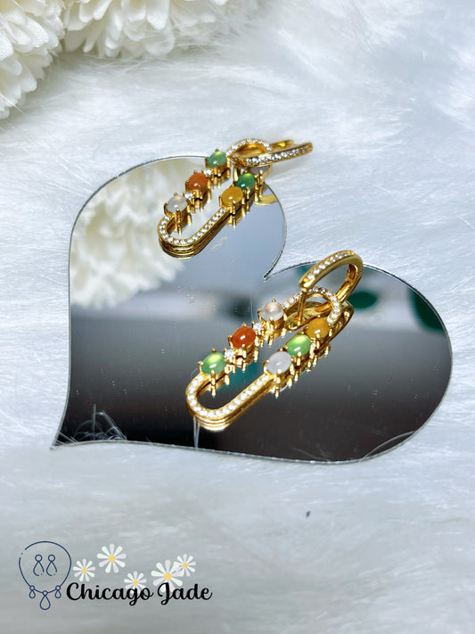 Holiday Special Designer Collection Rare Fine Bright Orange Multi-Color Authentic Grade A Certified Burma Jade on Gold Plated Sterling Silver Loop Earring Handmade Gift