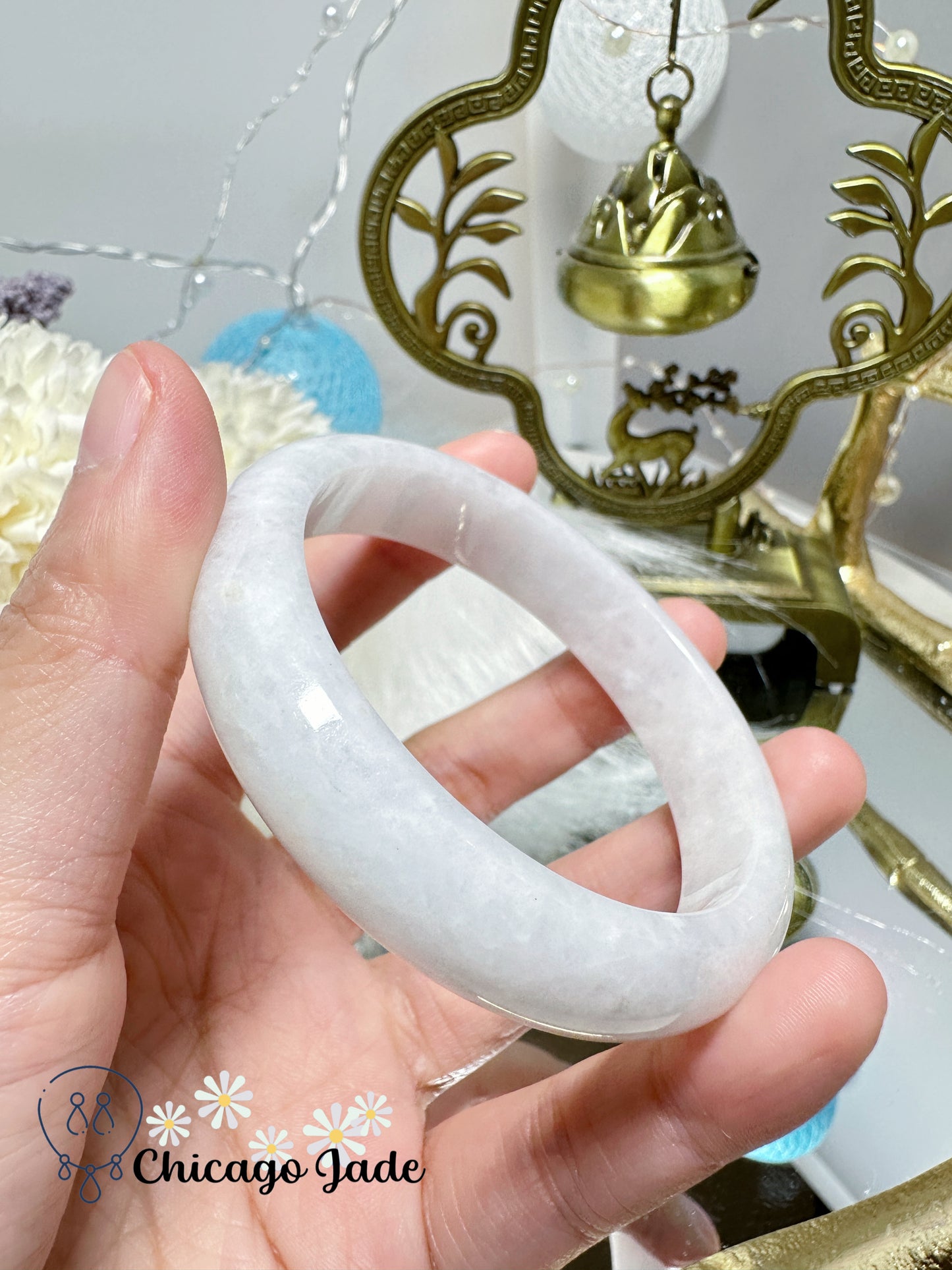 Soft Moonlight White Flat Inside Natural Untreated Certified Jadeite Jade Feicui Bangle from Burma Handmade Finely Polished