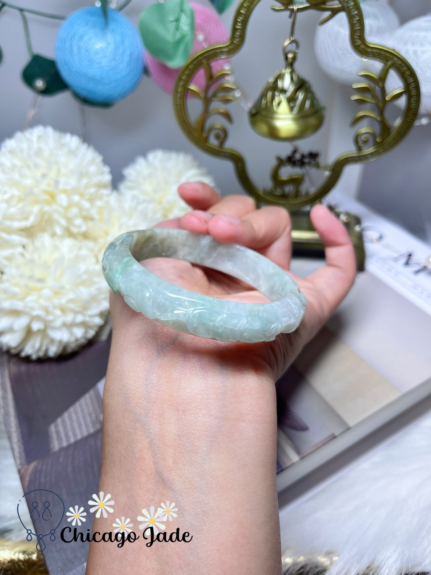 55.8mm Size M Carved Natural Jadeite Jade Feicui Bangle icy translucent authentic Burma certified