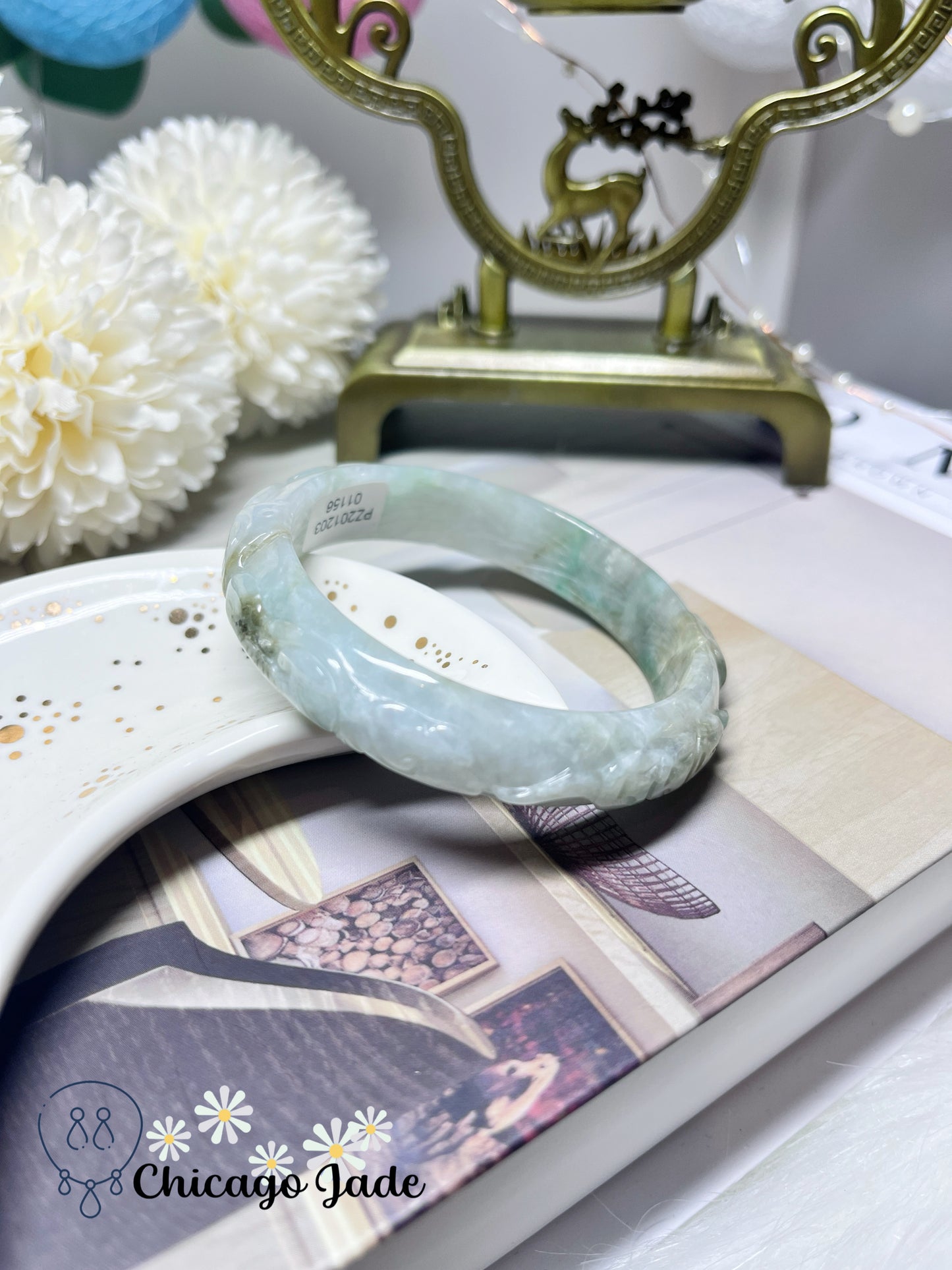 55.8mm Size M Carved Natural Jadeite Jade Feicui Bangle icy translucent authentic Burma certified