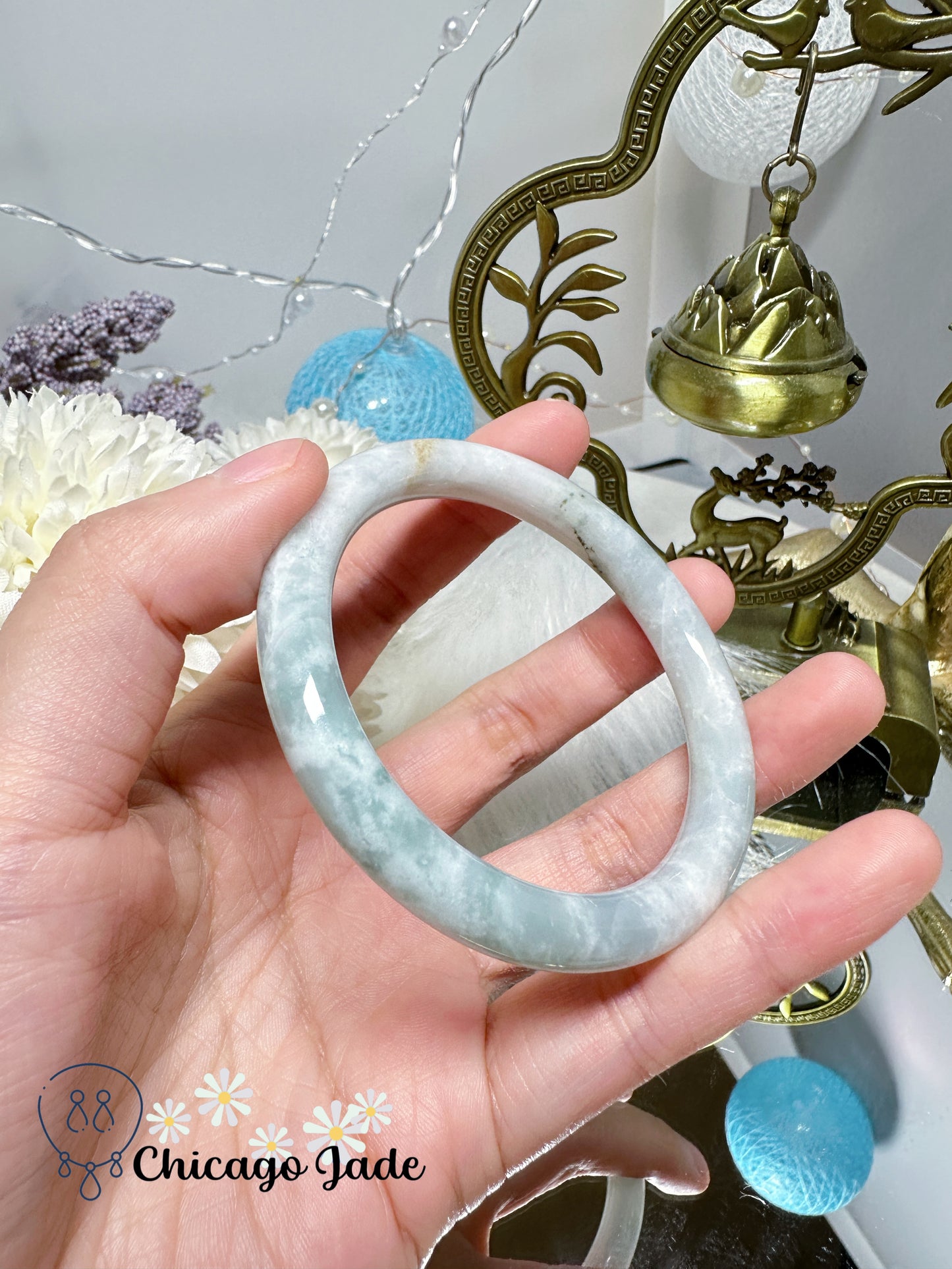 White Base with Touches of Blue Green Natural Untreated Certified Grade A Jadeite Jade Feicui Bangle