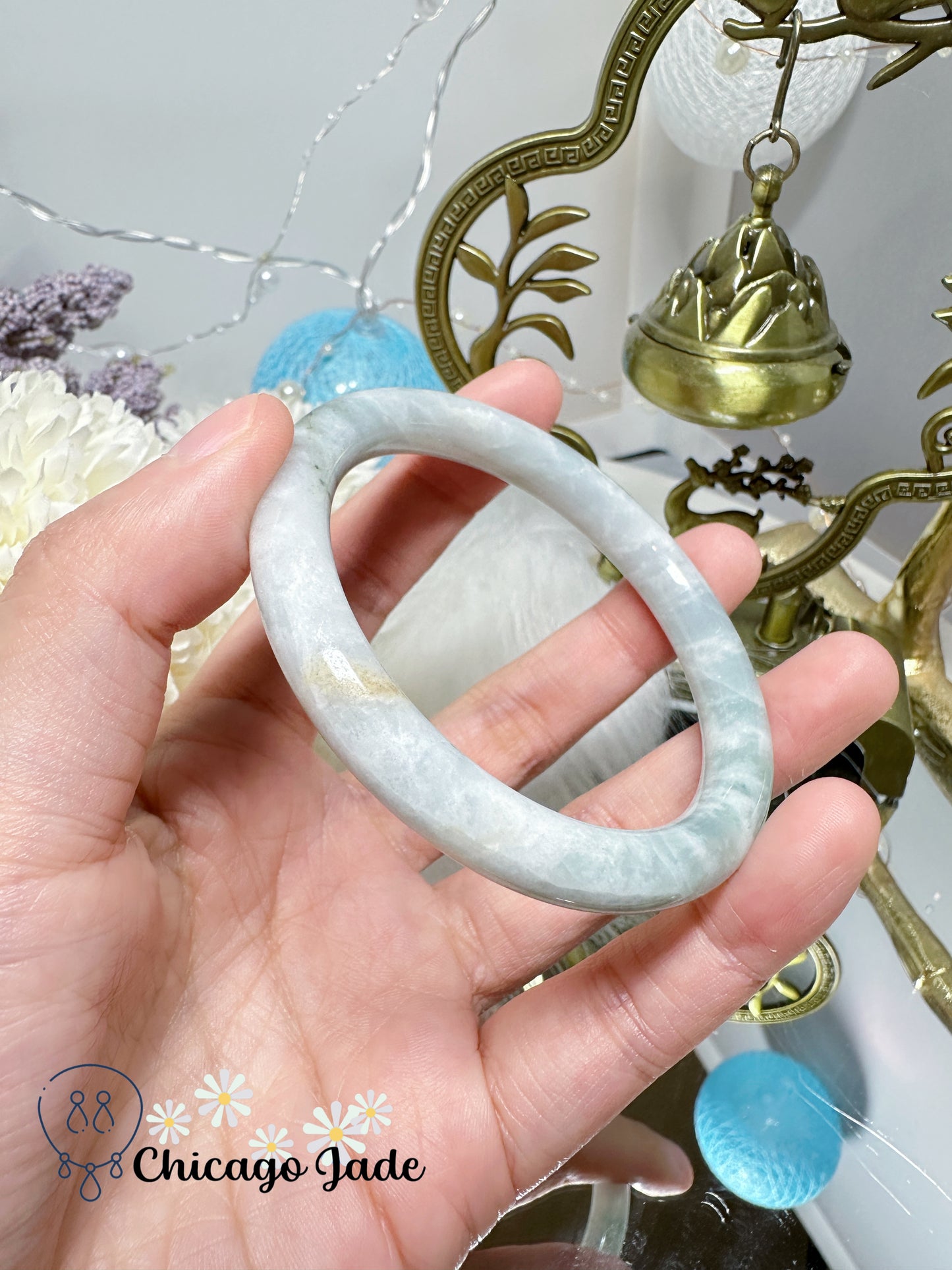 White Base with Touches of Blue Green Natural Untreated Certified Grade A Jadeite Jade Feicui Bangle