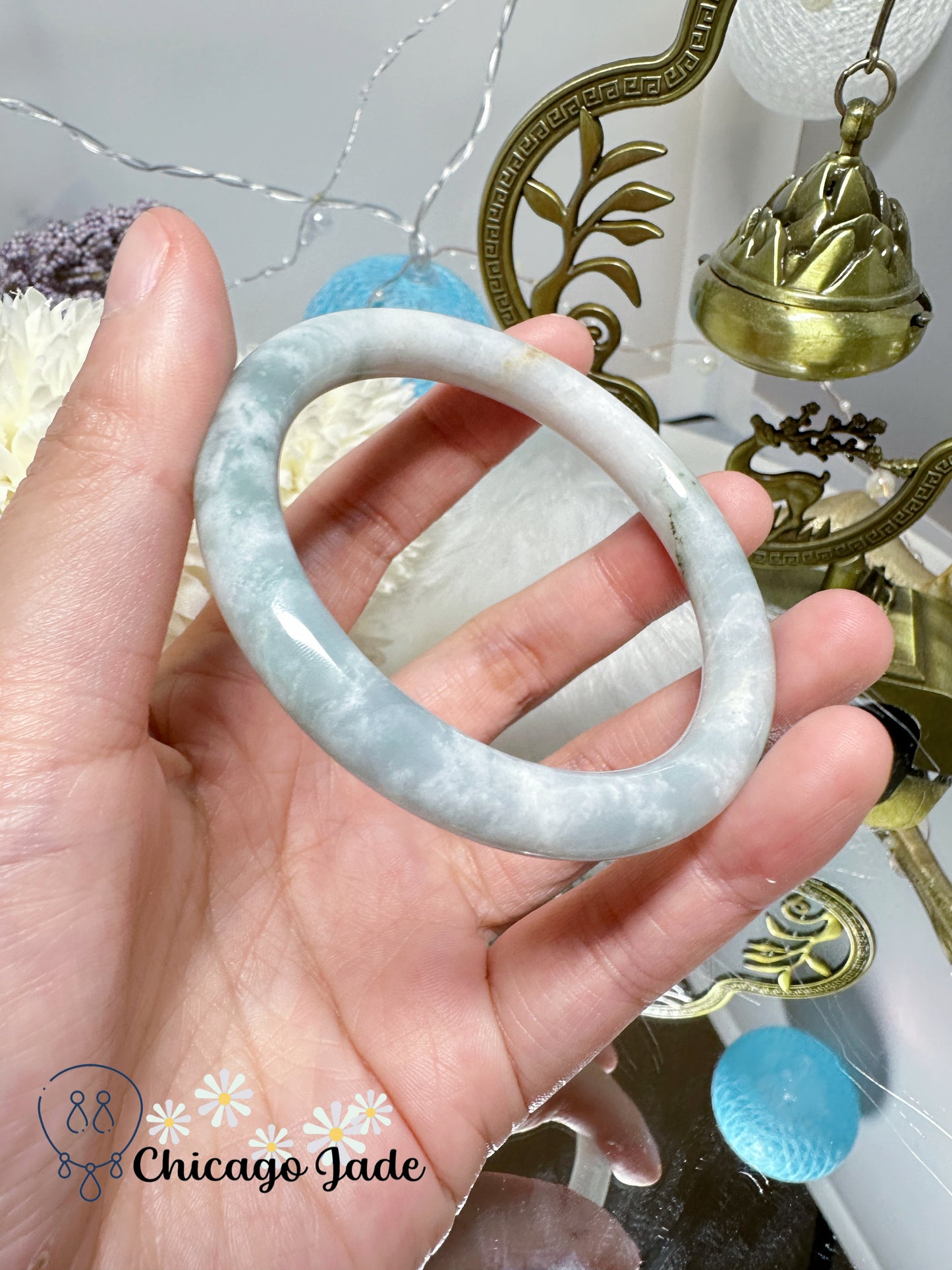 White Base with Touches of Blue Green Natural Untreated Certified Grade A Jadeite Jade Feicui Bangle