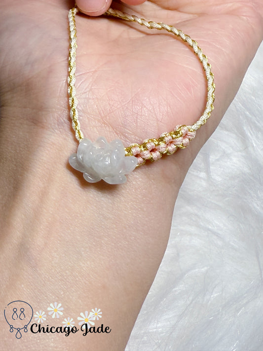Natural Grade A Type A Authentic Untreated Burma Jadeite Jade Feicui Hand Carved Lotus Flower with Adjustable Rope Bracelet