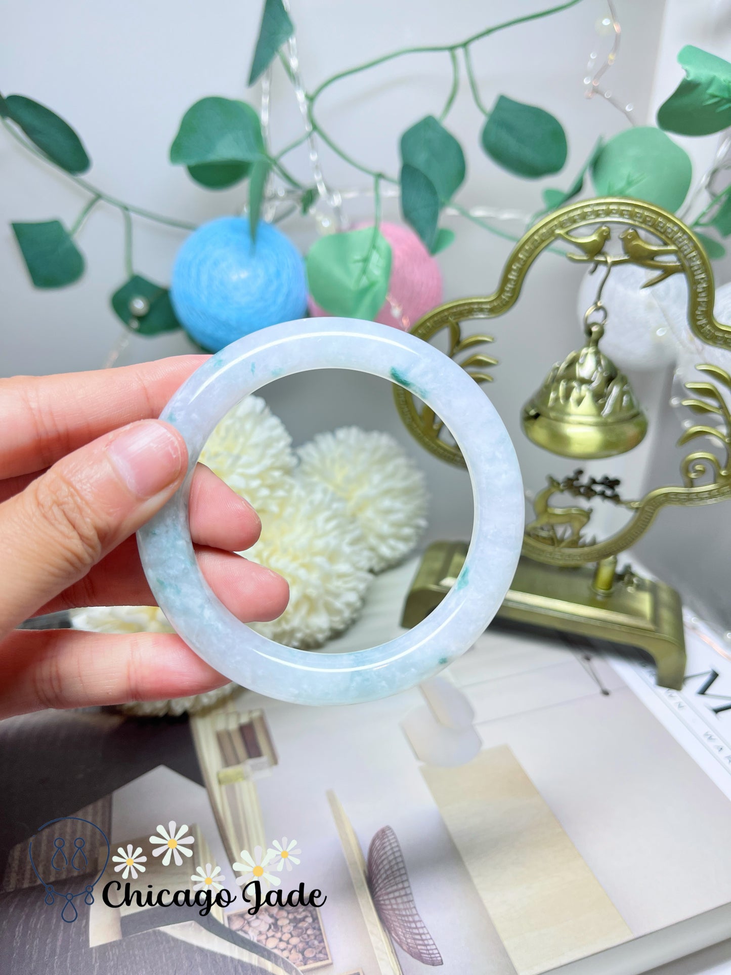 56.2mm Size M High Quality Translucent Moonlight Base with Green Highlights Natural Untreated Jadeite Jade Feicui Bangle