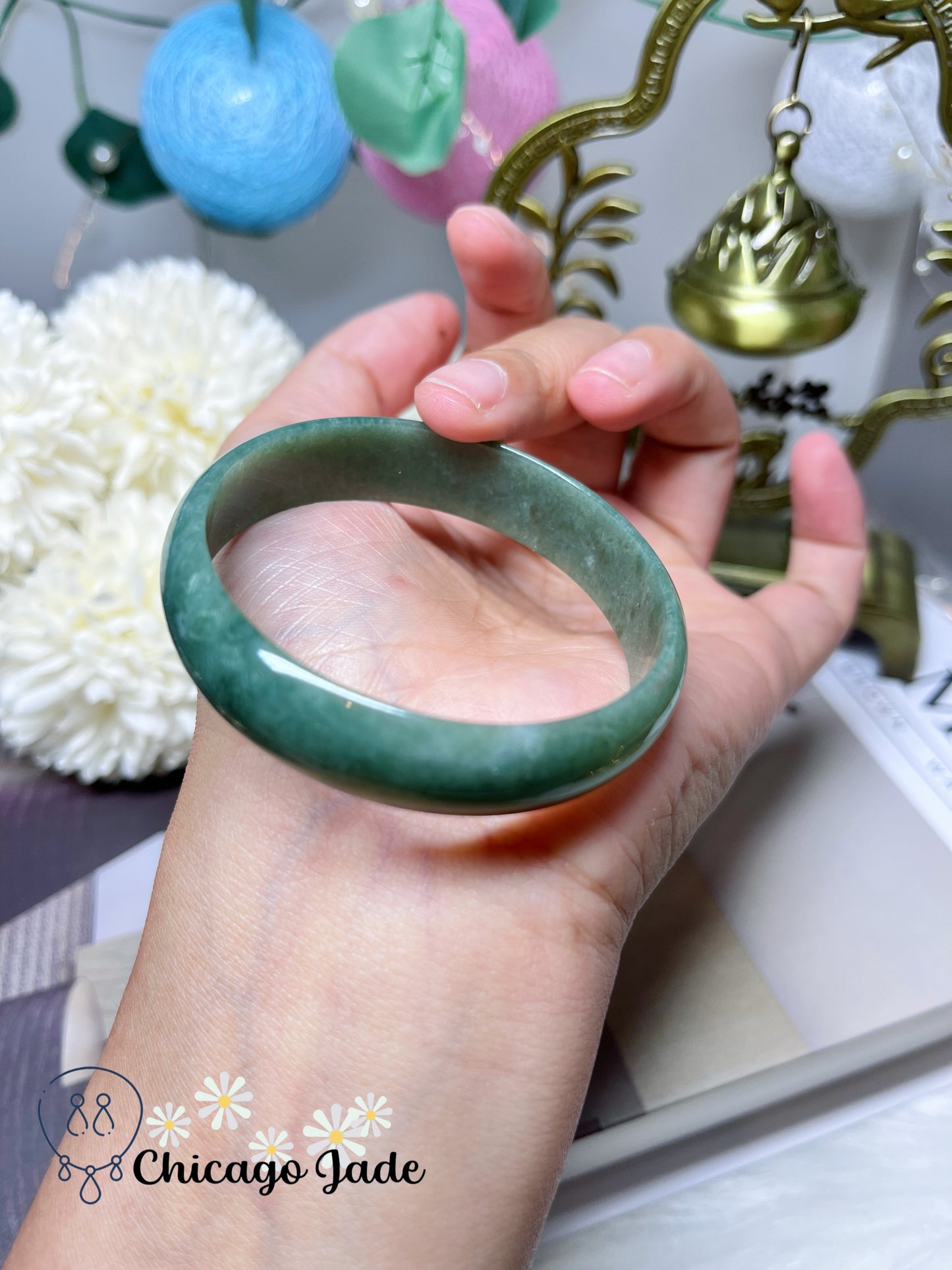 52.5mm Size XS Full Spinach Green Flat Inside Princess Style Jadeite Jade Feicui Bangle