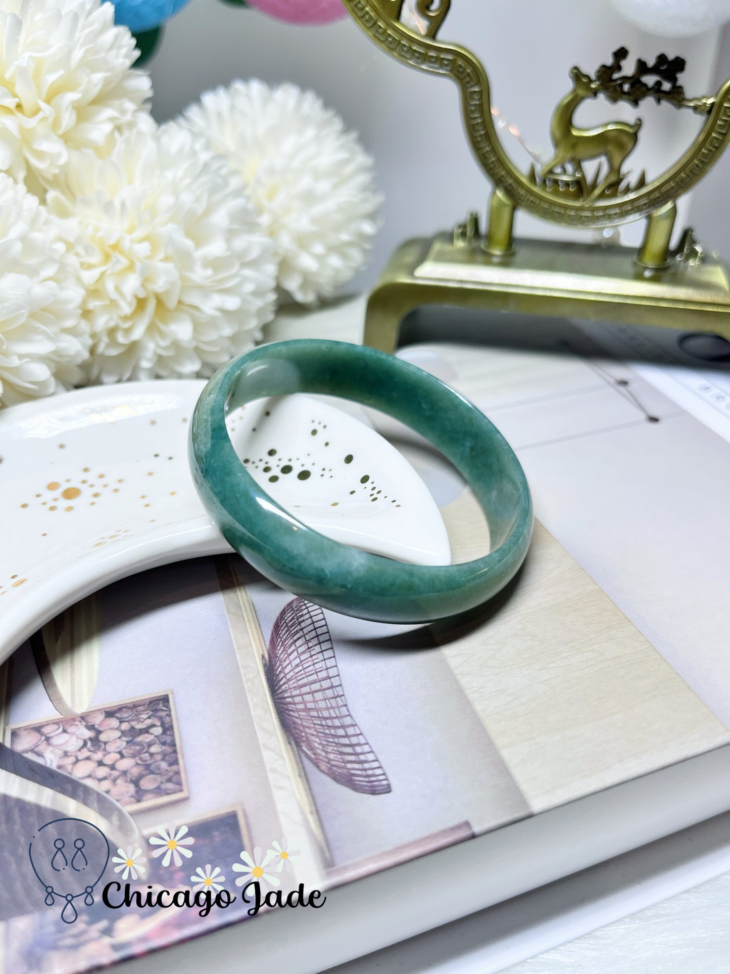 52.5mm Size XS Full Spinach Green Flat Inside Princess Style Jadeite Jade Feicui Bangle