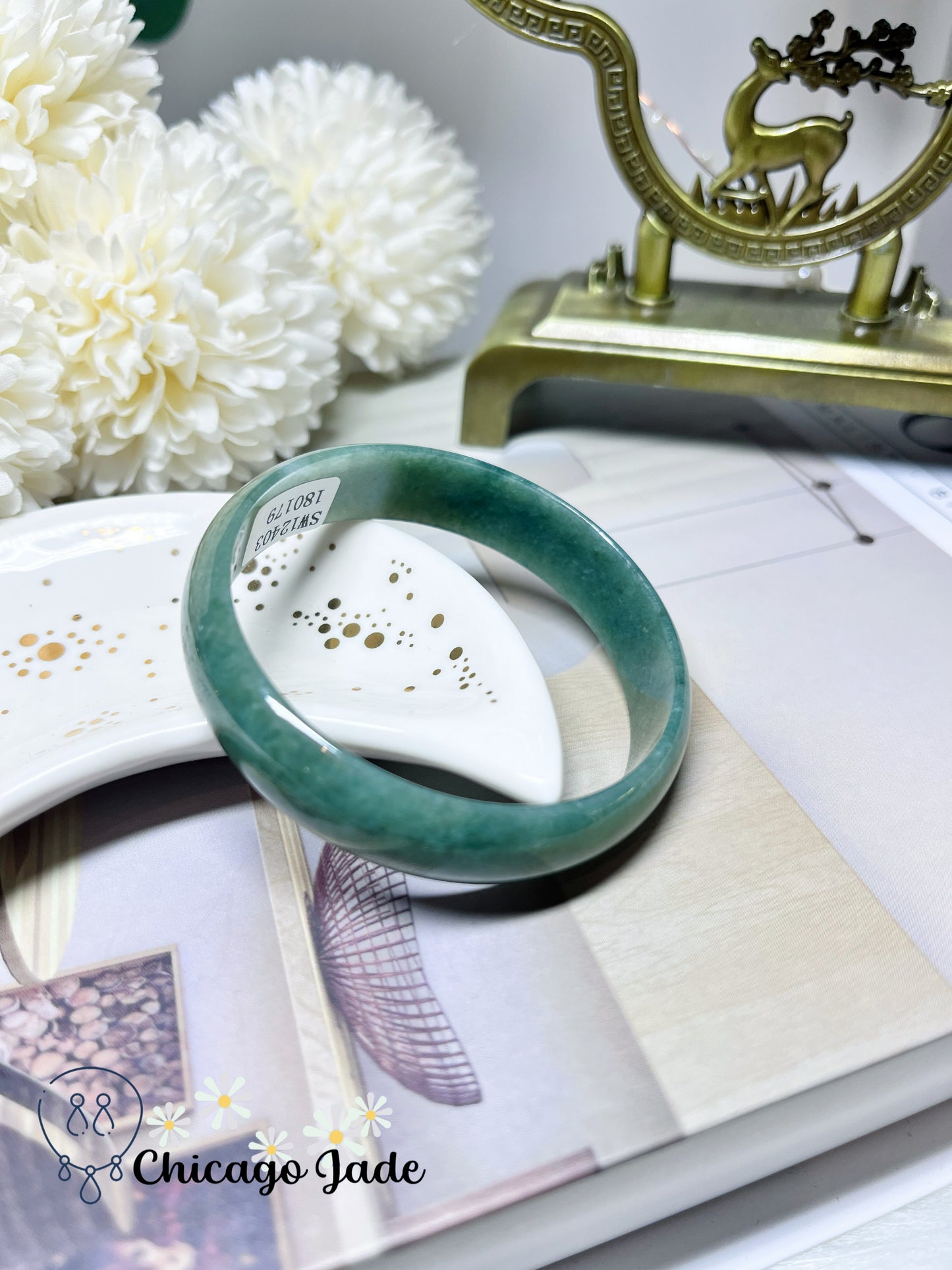 52.5mm Size XS Full Spinach Green Flat Inside Princess Style Jadeite Jade Feicui Bangle