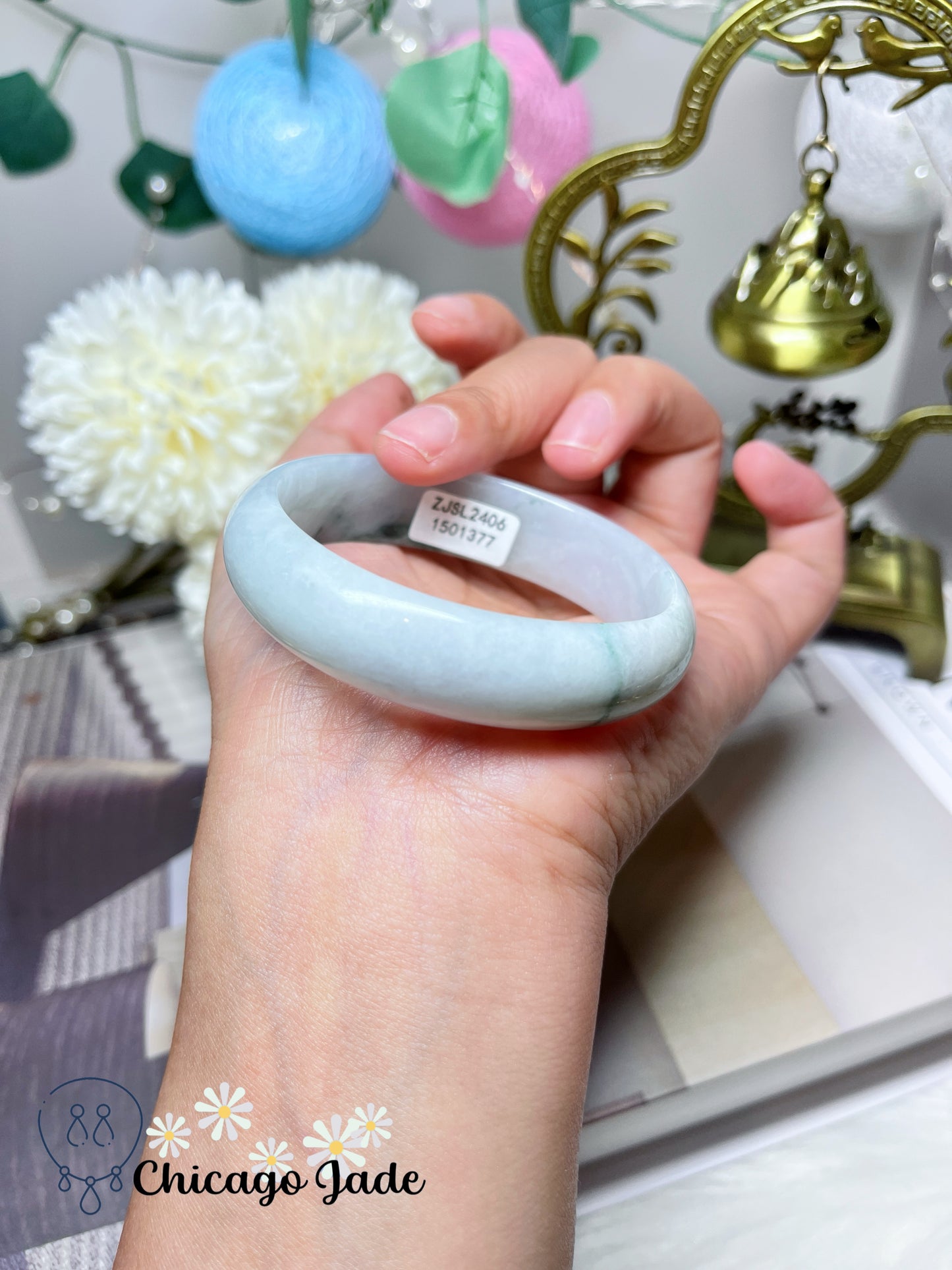 52.9mm Size XXS Oval Shaped Icy Moonlight Flat Inside Jadeite Jade Bangle with Blue Green Flower Natural Untreated Certified Burma