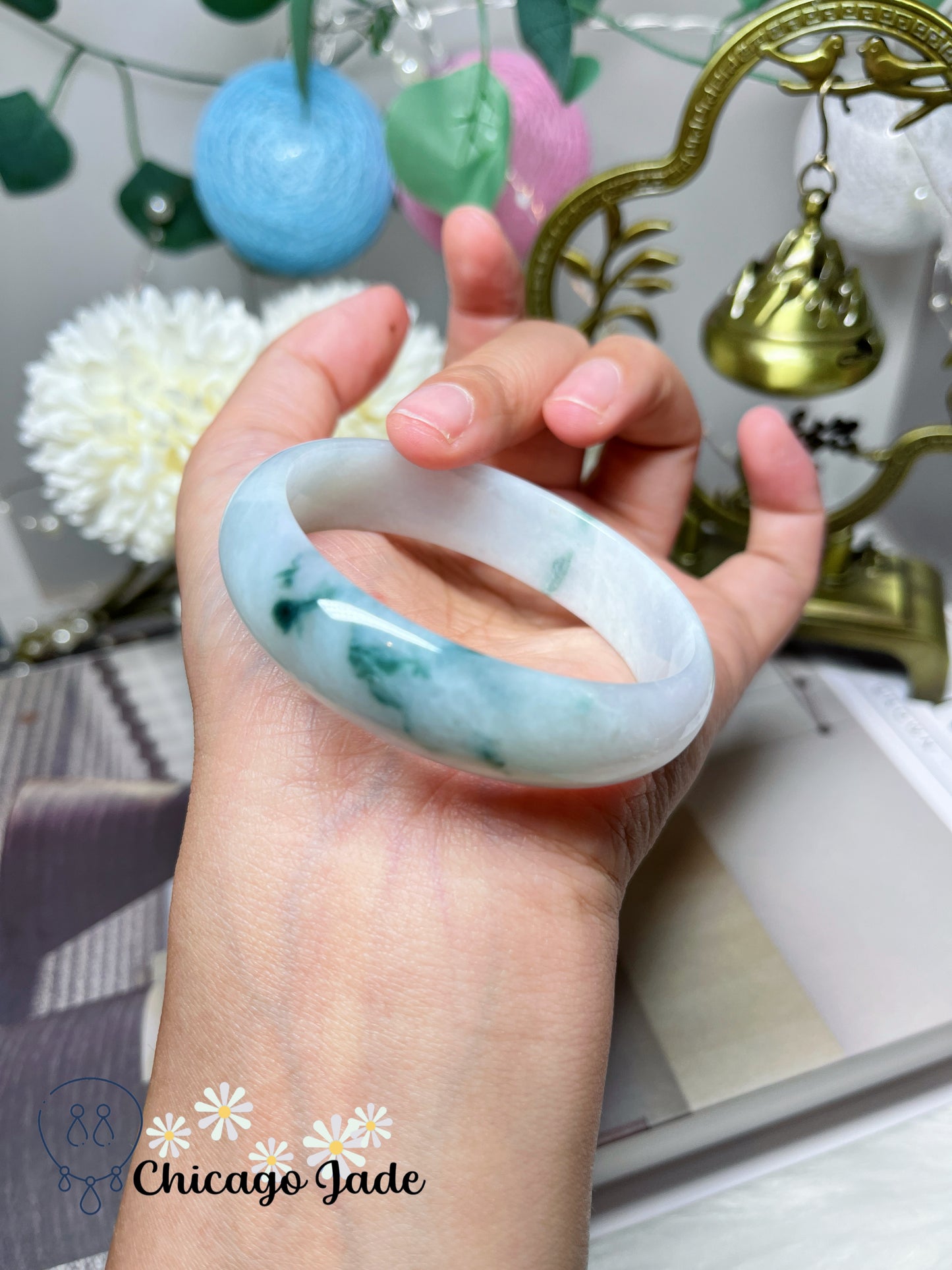 52.9mm Size XXS Oval Shaped Icy Moonlight Flat Inside Jadeite Jade Bangle with Blue Green Flower Natural Untreated Certified Burma