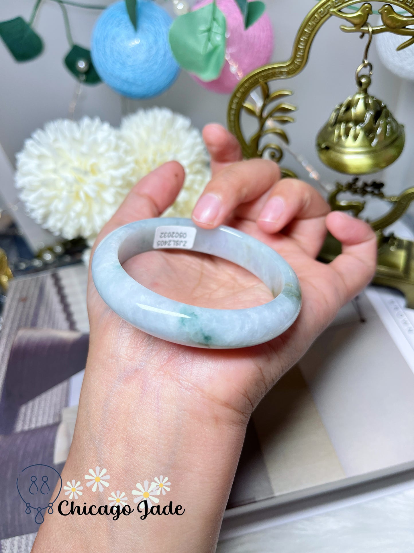 53.8mm Size S Moonlight Grey Base with Green Highlight Flat Inside Natural Untreated Certified Burma Jadeite Jade Bangle