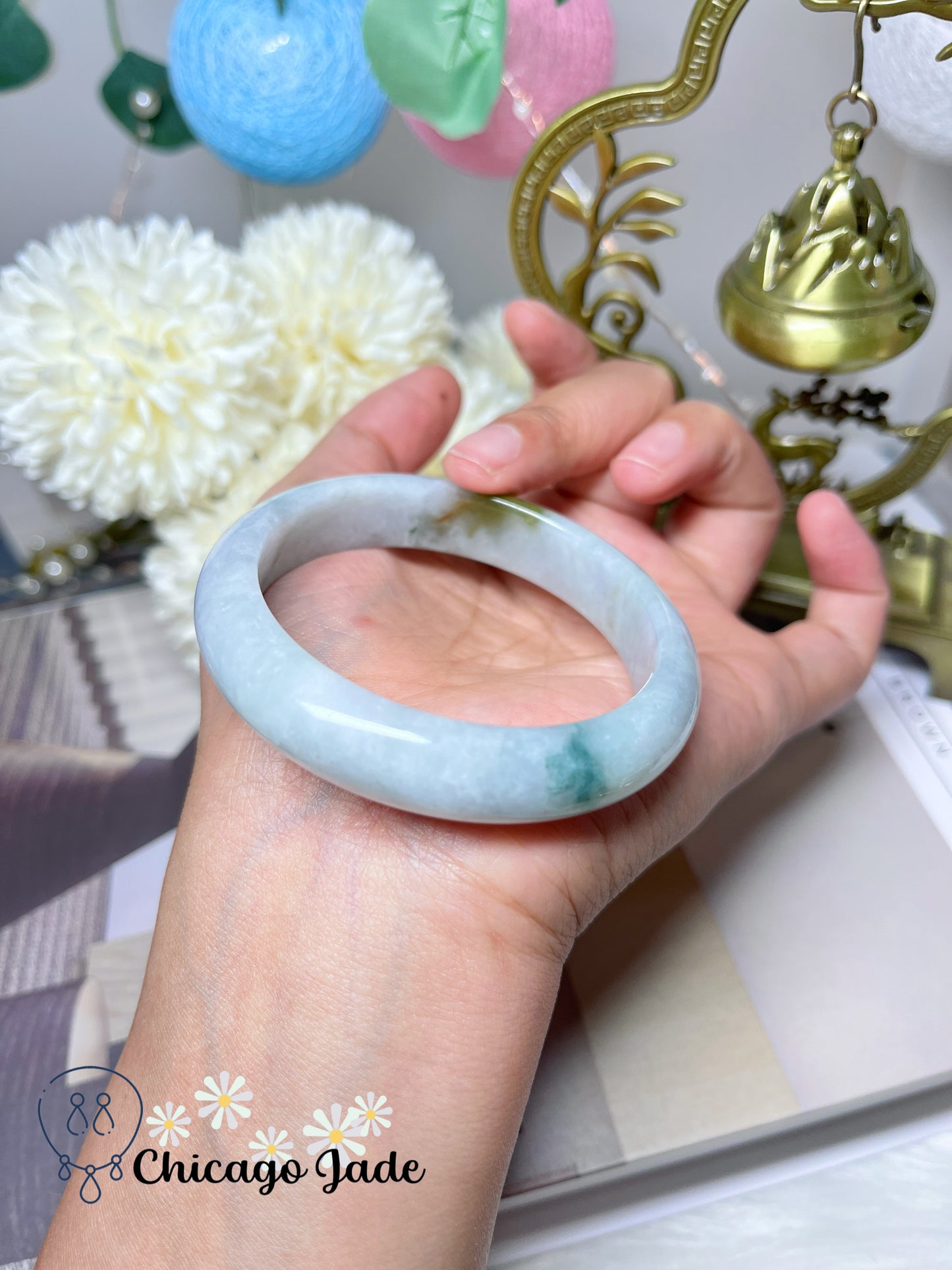 53.8mm Size S Moonlight Grey Base with Green Highlight Flat Inside Natural Untreated Certified Burma Jadeite Jade Bangle