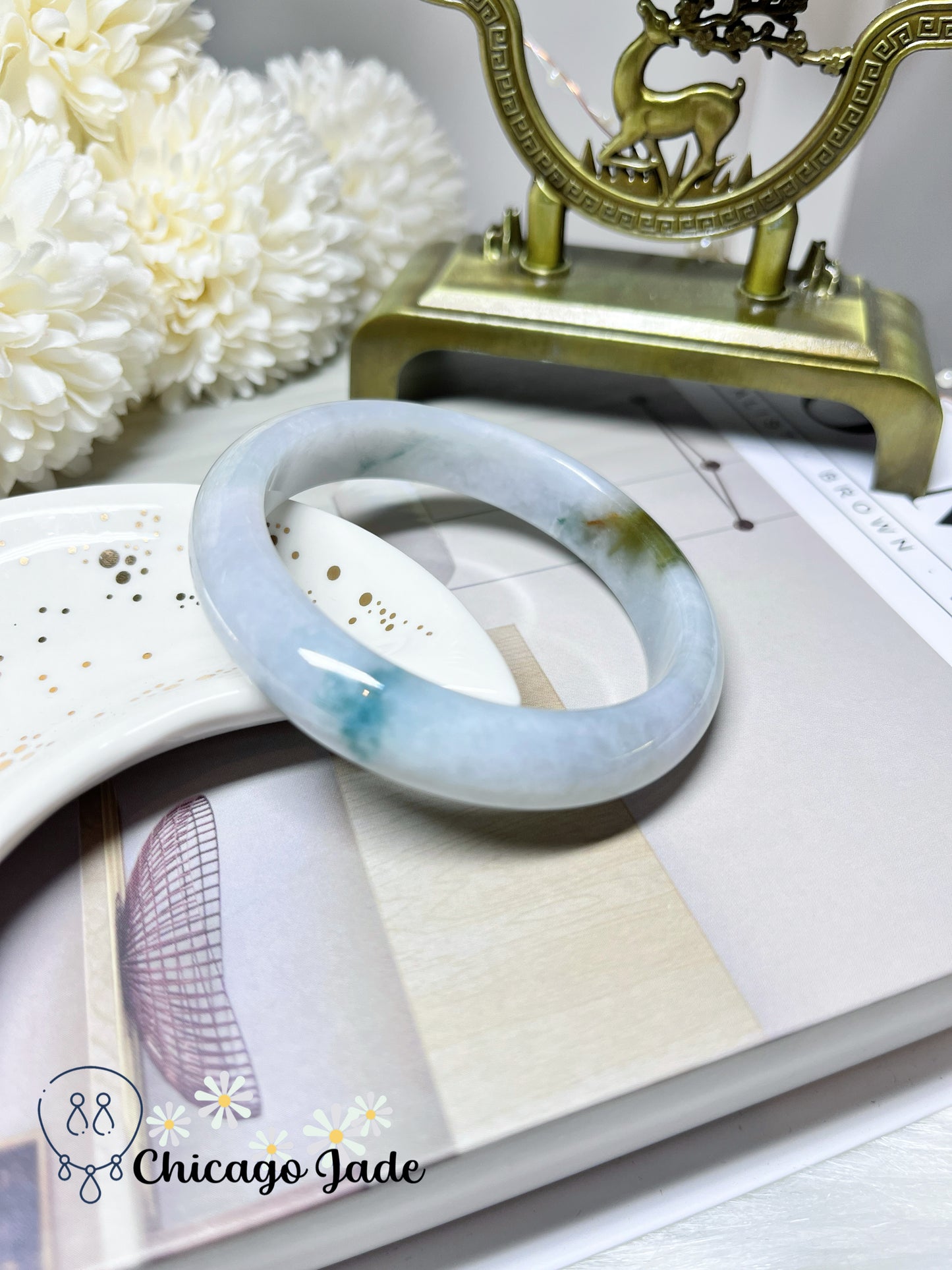 53.8mm Size S Moonlight Grey Base with Green Highlight Flat Inside Natural Untreated Certified Burma Jadeite Jade Bangle