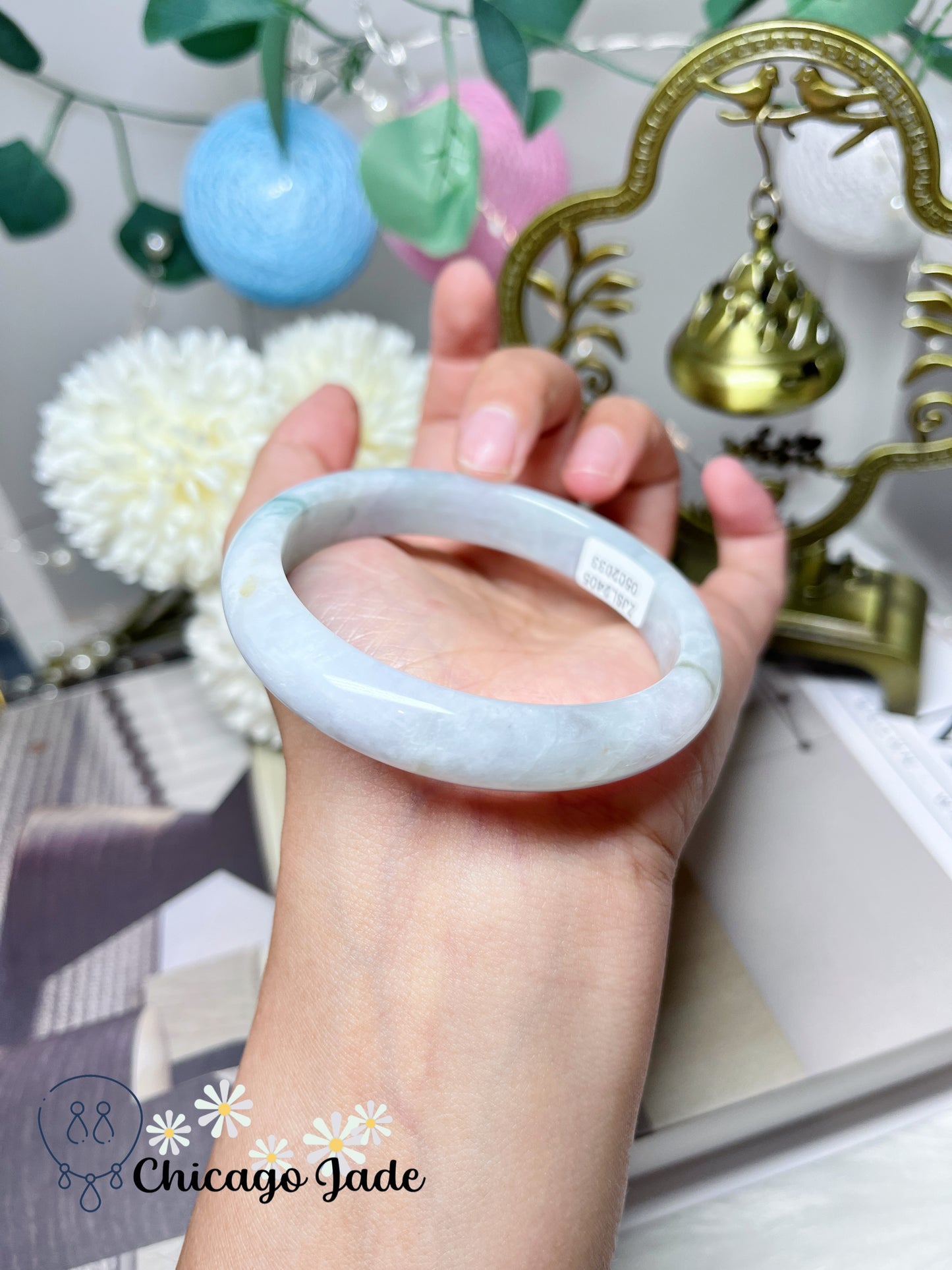 58mm Size M Flat Inside Moonlight White Base with Floating Green Flowers Natural Untreated Jadeite Jade Feicui Burma Bangle