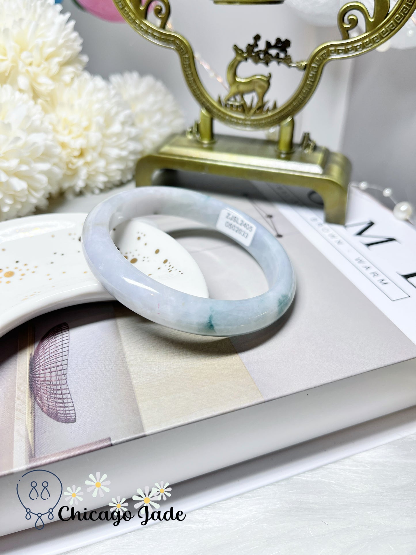 58mm Size M Flat Inside Moonlight White Base with Floating Green Flowers Natural Untreated Jadeite Jade Feicui Burma Bangle