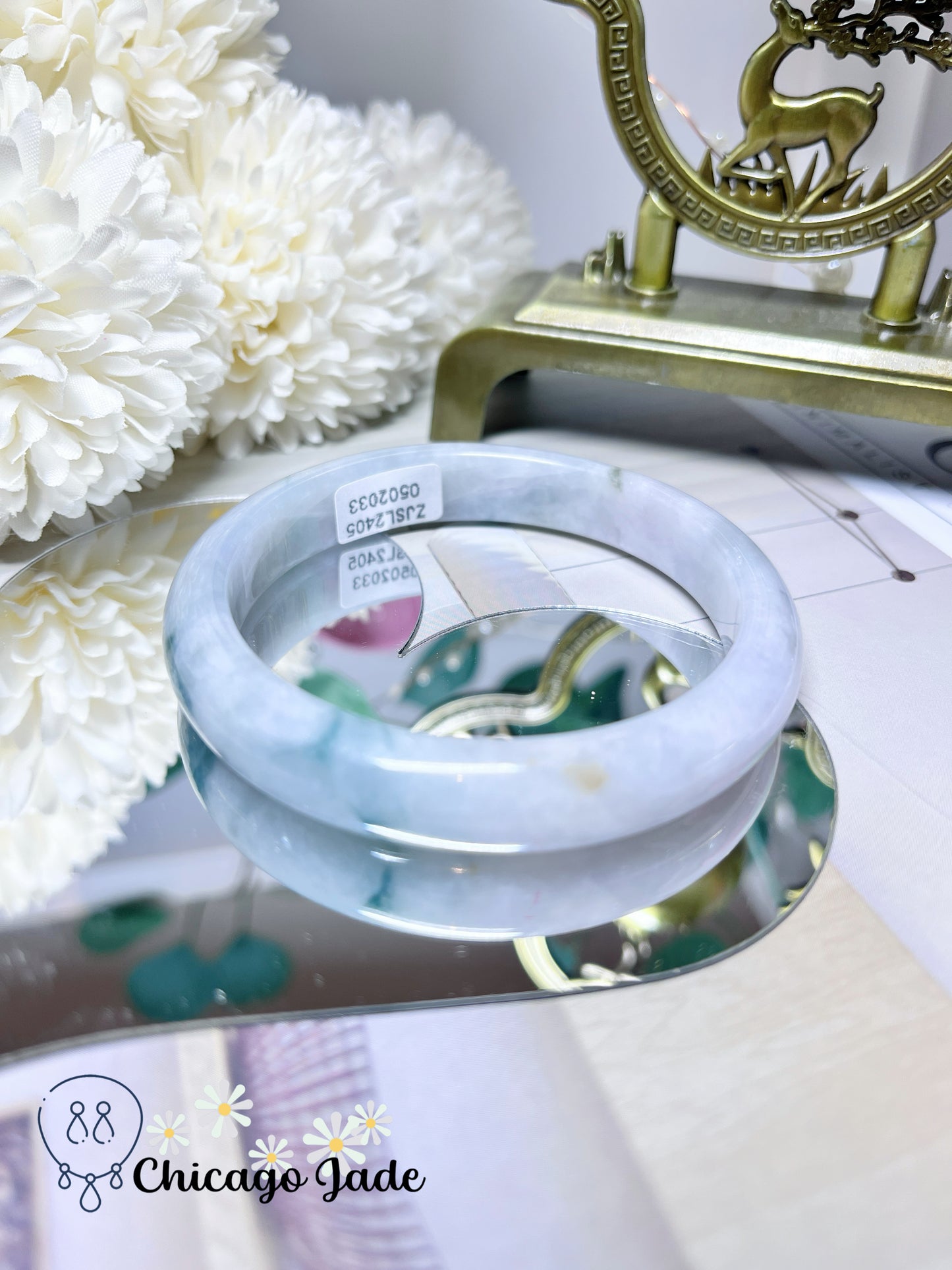 58mm Size M Flat Inside Moonlight White Base with Floating Green Flowers Natural Untreated Jadeite Jade Feicui Burma Bangle