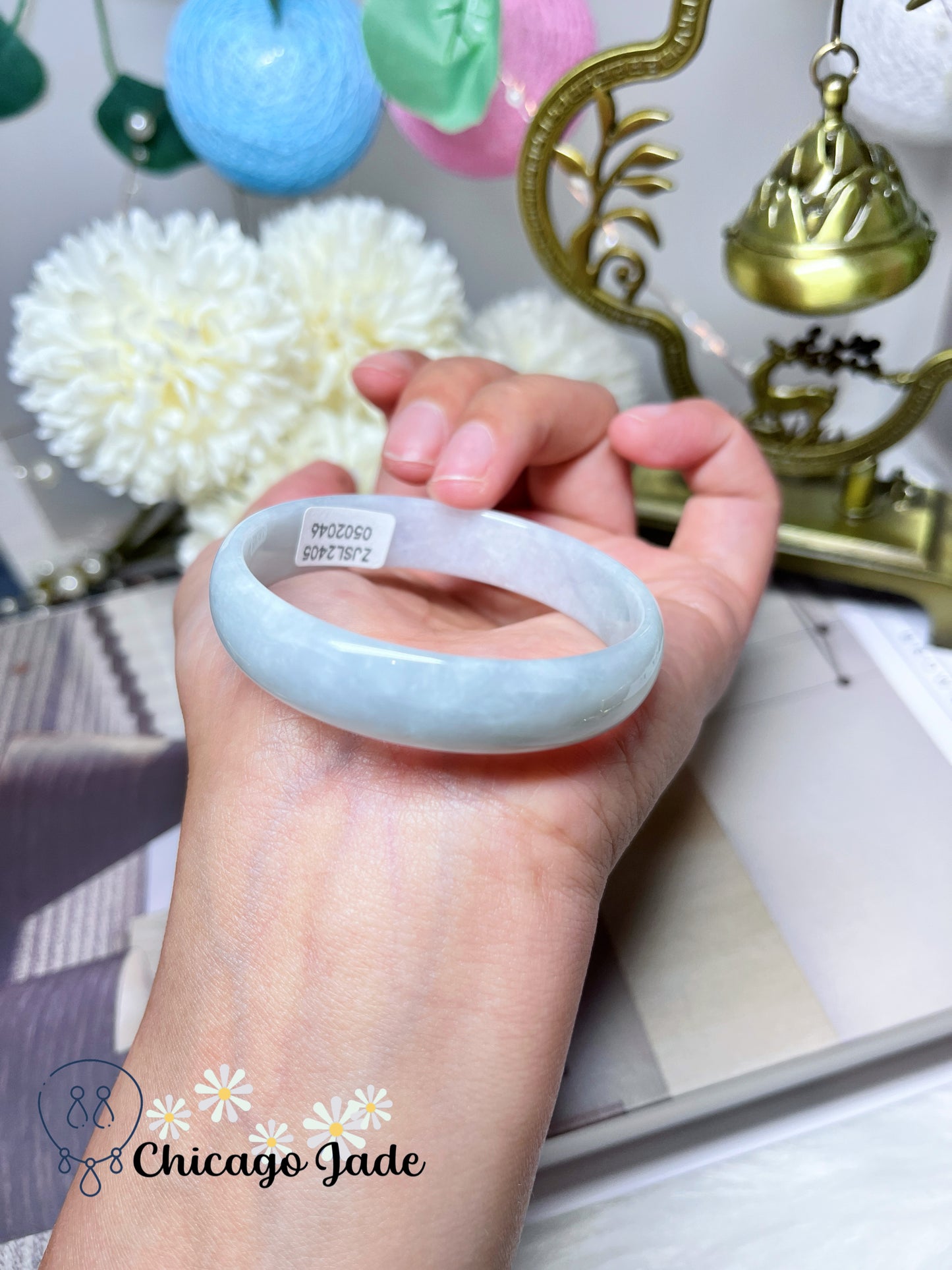 51.1mm Size XXS Icy Moonlight White with a tint of Blue Green Flat Inside Thin Princess Style Jadeite Jade Feicui Bangle Natural Untreated Burma Certified