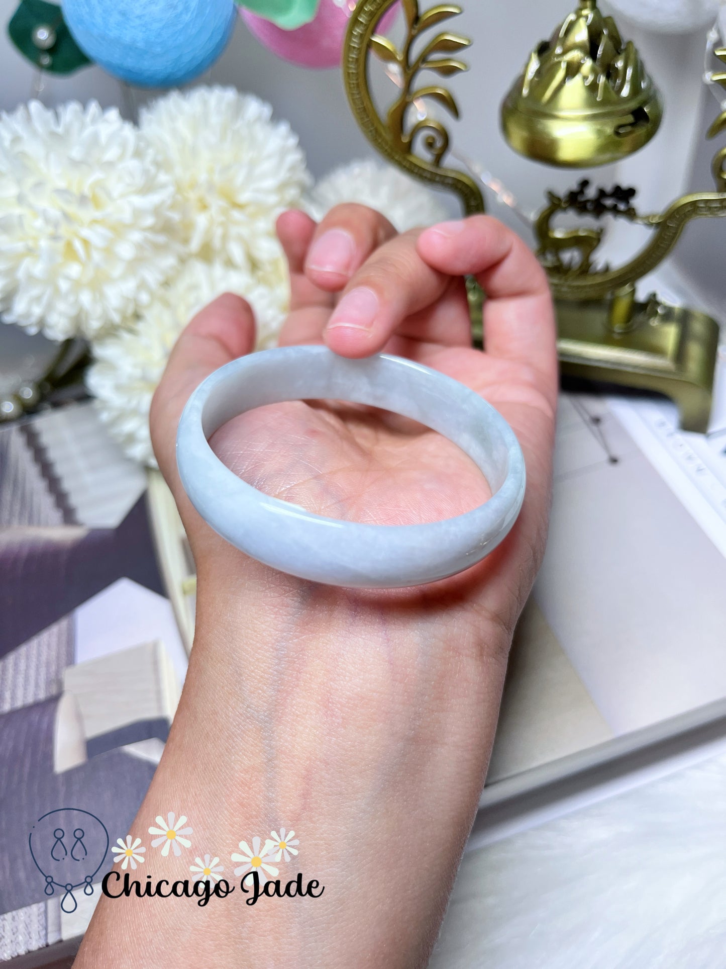 51.1mm Size XXS Icy Moonlight White with a tint of Blue Green Flat Inside Thin Princess Style Jadeite Jade Feicui Bangle Natural Untreated Burma Certified