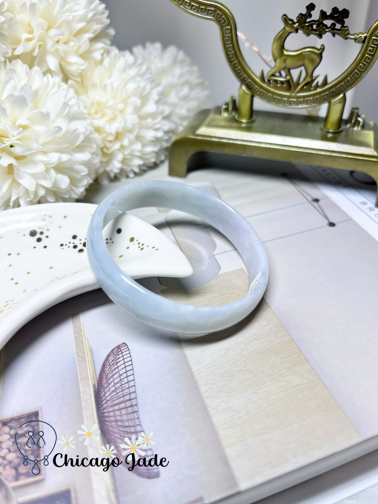 51.1mm Size XXS Icy Moonlight White with a tint of Blue Green Flat Inside Thin Princess Style Jadeite Jade Feicui Bangle Natural Untreated Burma Certified