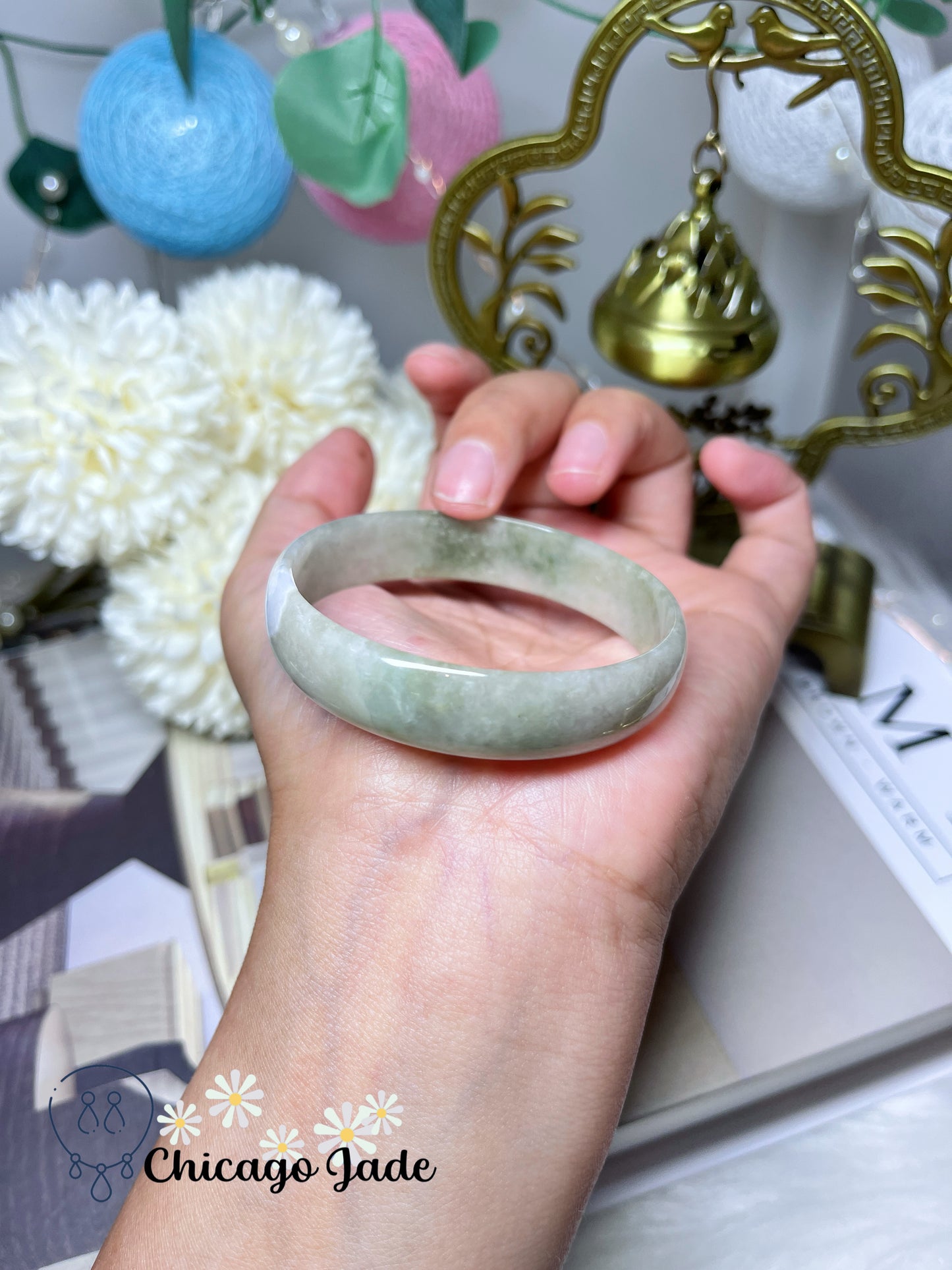 53.1 mm Size XS Light Grass Yellow Green with Darker Green Highlight Flat Inside Princess Style Natural Untreated Jadeite Jade Feicui Bangle