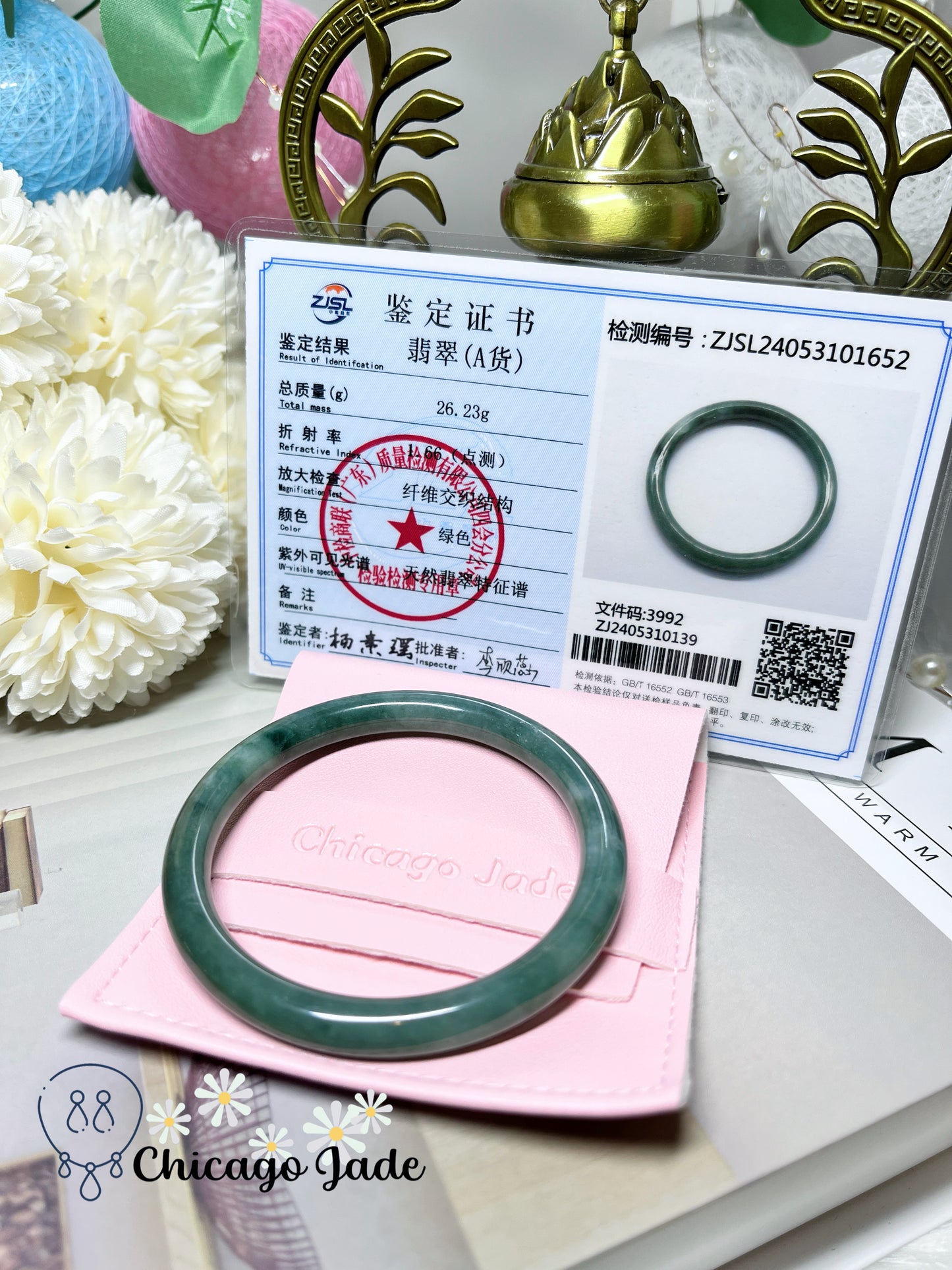 55.2mm Size M Full Green with Natural White Cotton Clouds Perfect Natural Untreated Jadeite Jade Feicui Bangle