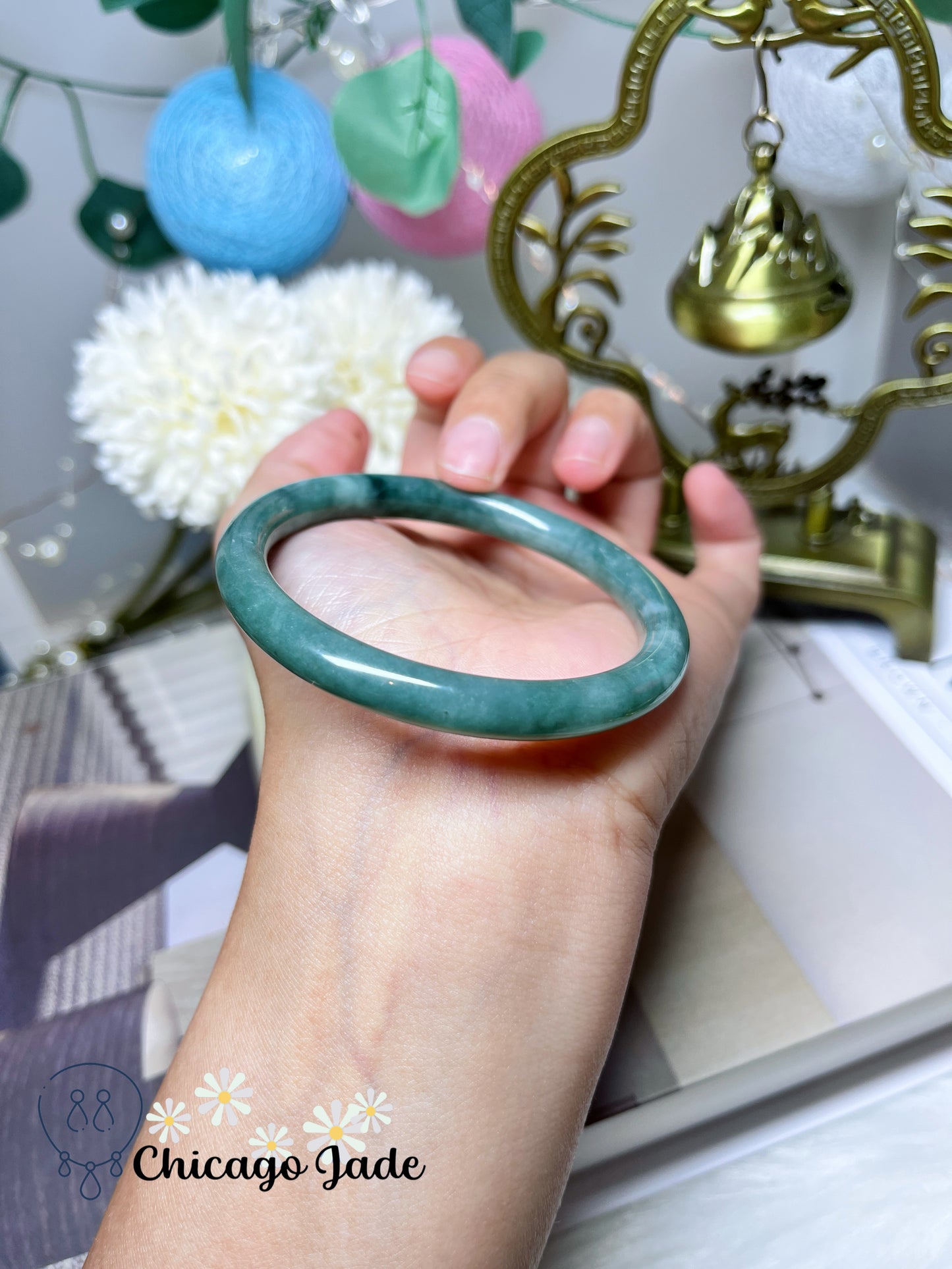 55.2mm Size M Full Green with Natural White Cotton Clouds Perfect Natural Untreated Jadeite Jade Feicui Bangle