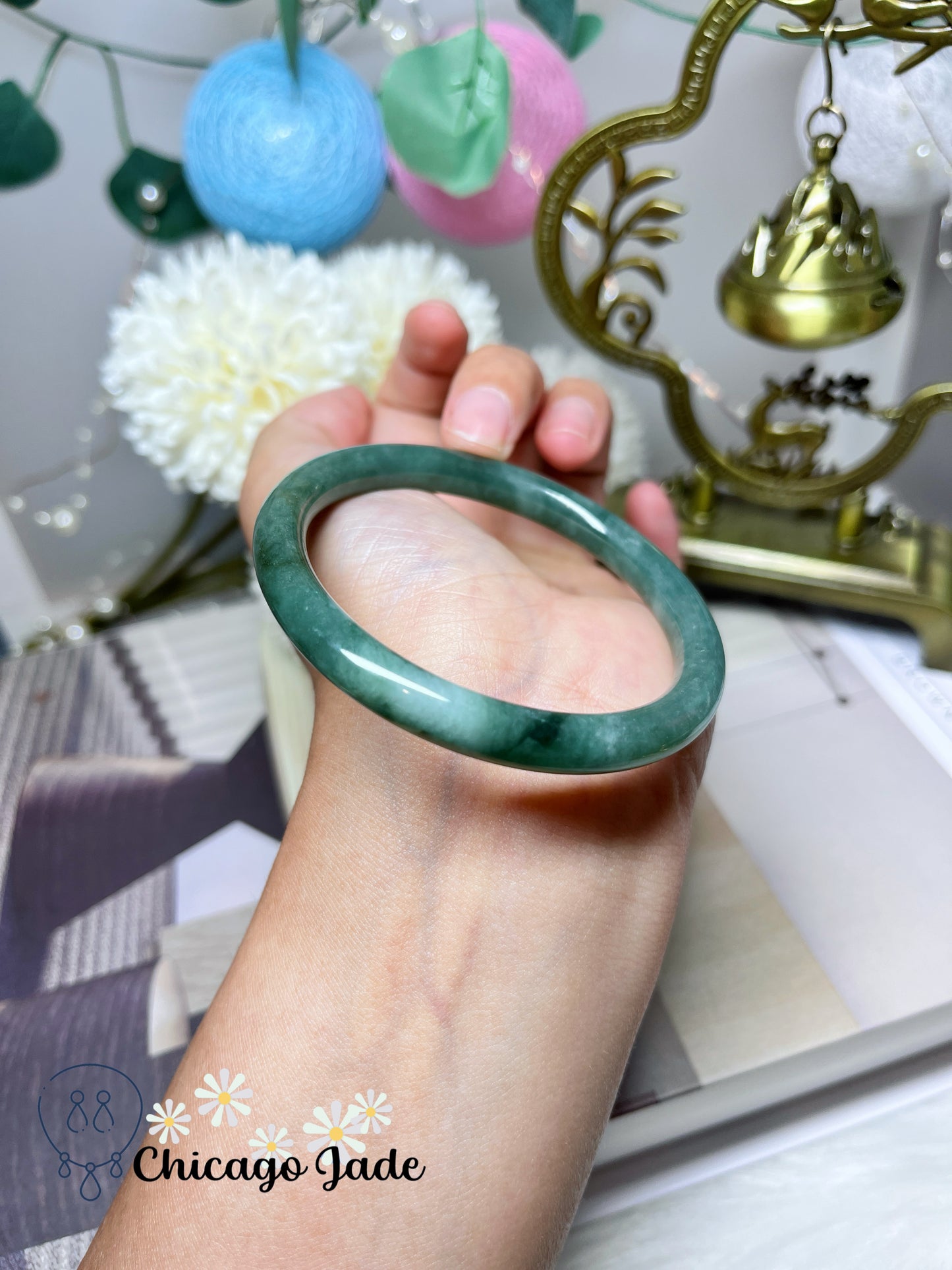 55.2mm Size M Full Green with Natural White Cotton Clouds Perfect Natural Untreated Jadeite Jade Feicui Bangle