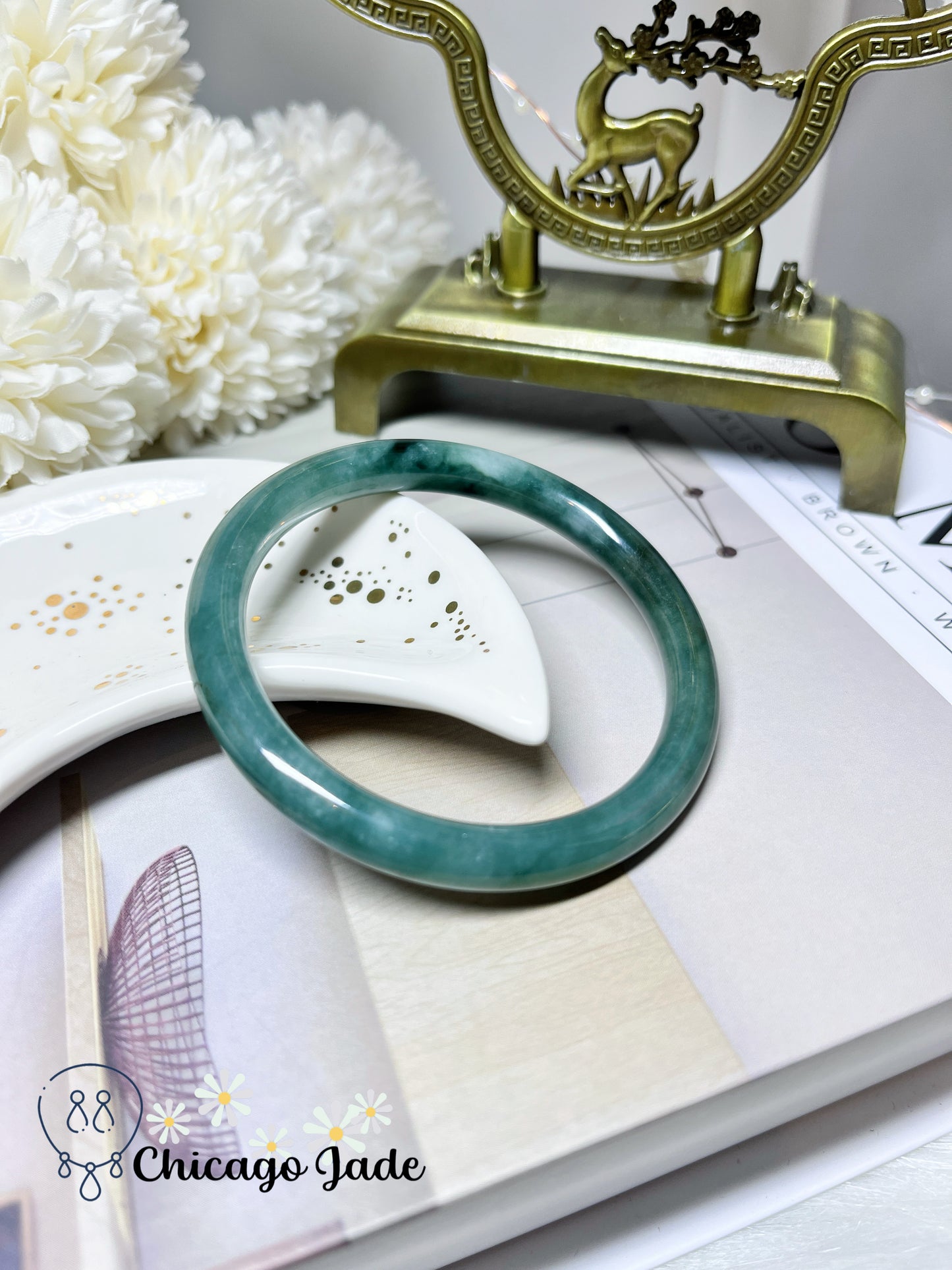 55.2mm Size M Full Green with Natural White Cotton Clouds Perfect Natural Untreated Jadeite Jade Feicui Bangle