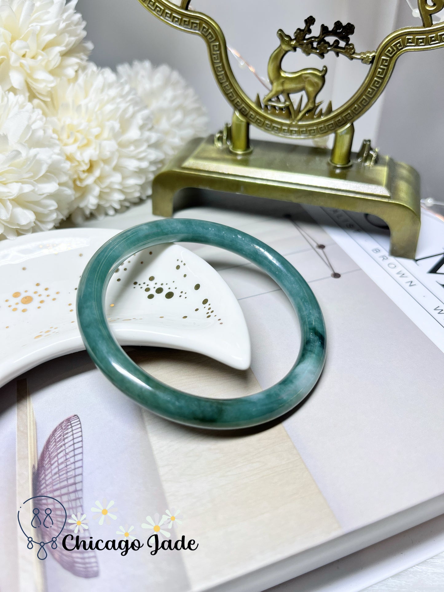 55.2mm Size M Full Green with Natural White Cotton Clouds Perfect Natural Untreated Jadeite Jade Feicui Bangle