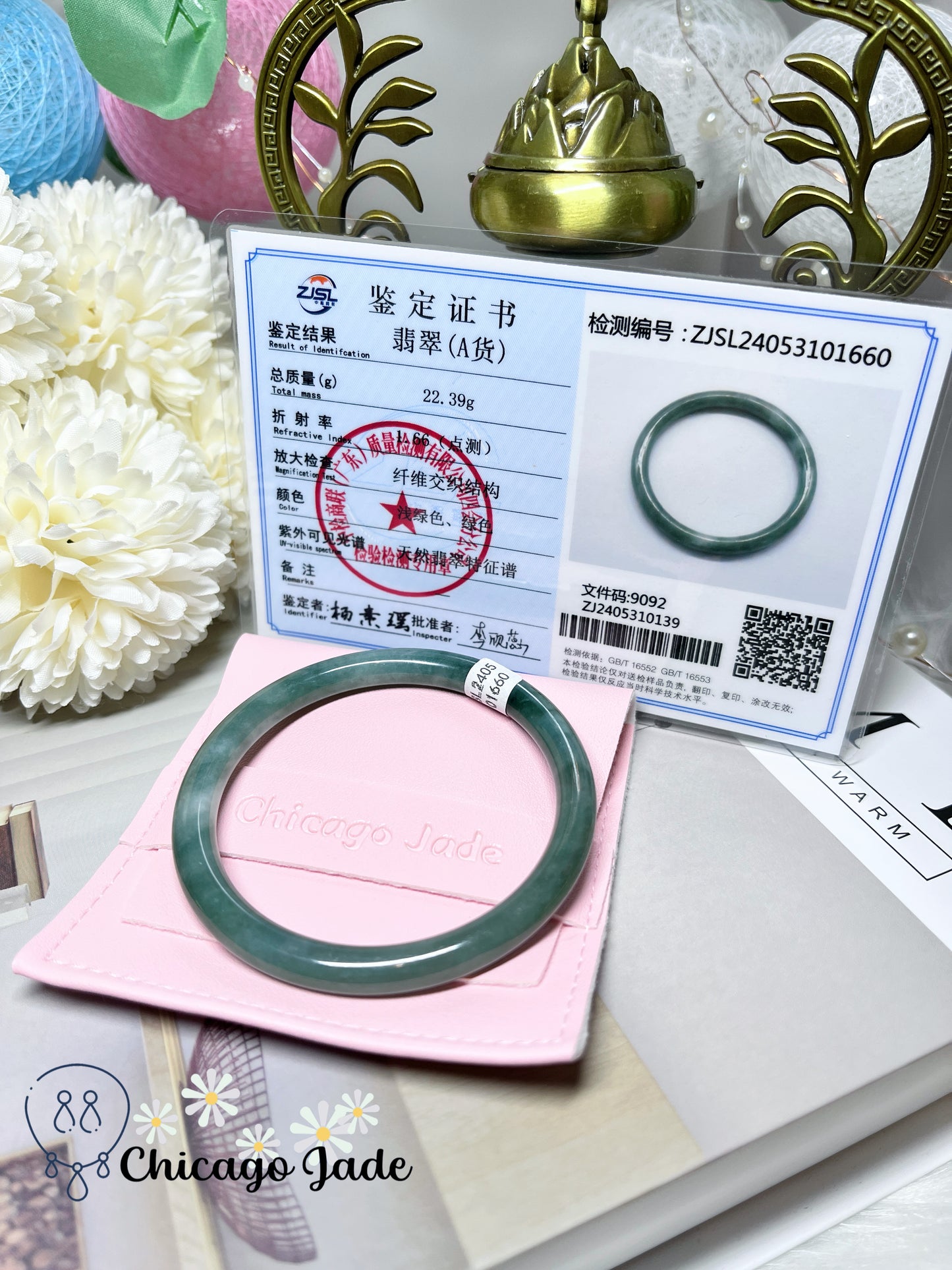 55.2mm  Size M Round Full Green Natural Jadeite Jade Feicui Bangle Untreated Certified Burma