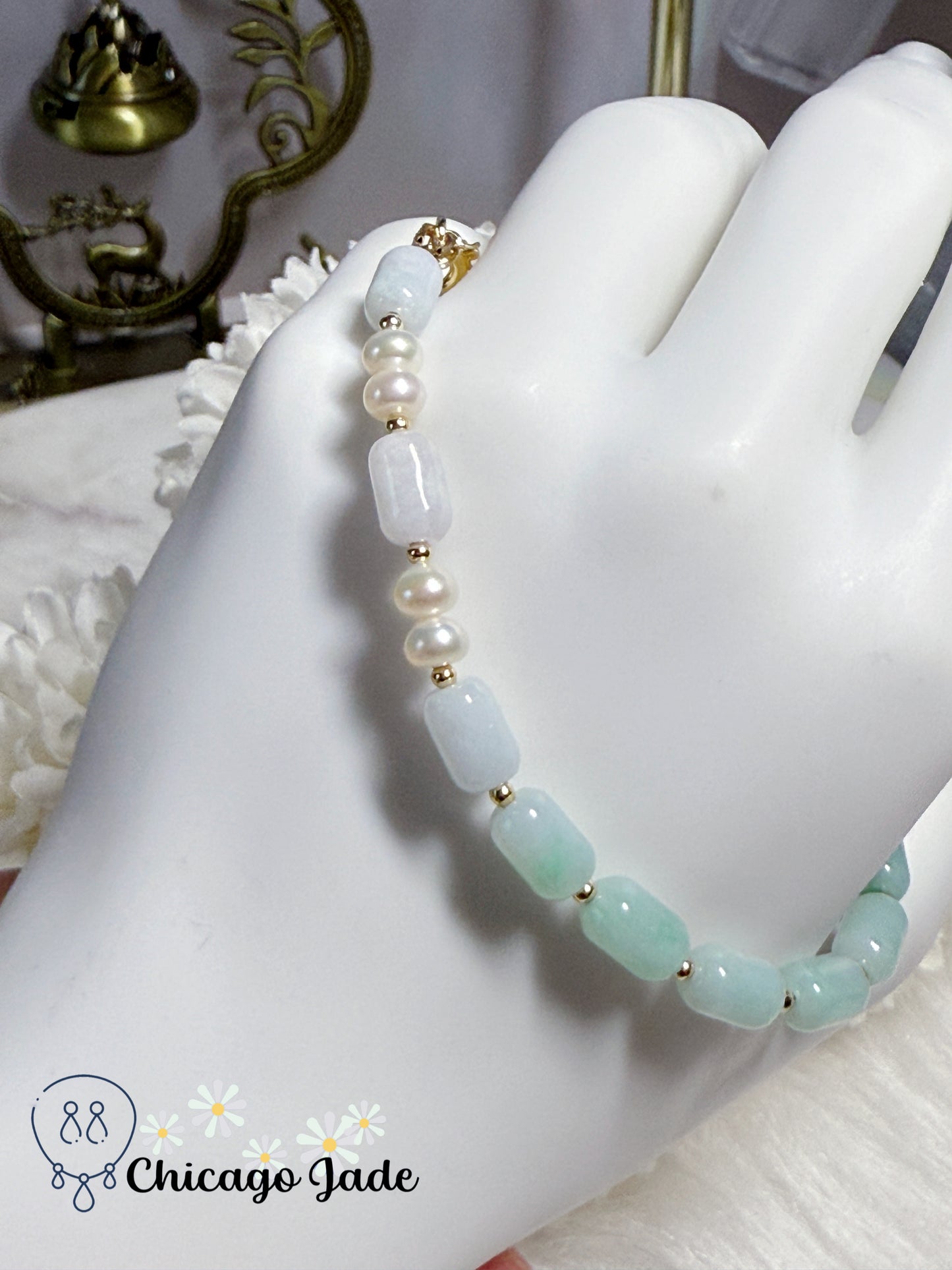 Light Blue Natural Untreated Grade A Type A Burma Jadeite Jade Feicui Beads with Freshwater Pearl Handmade Adjustable Bracelet Gift