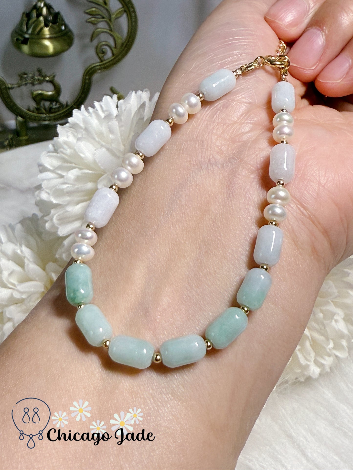 Light Blue Natural Untreated Grade A Type A Burma Jadeite Jade Feicui Beads with Freshwater Pearl Handmade Adjustable Bracelet Gift
