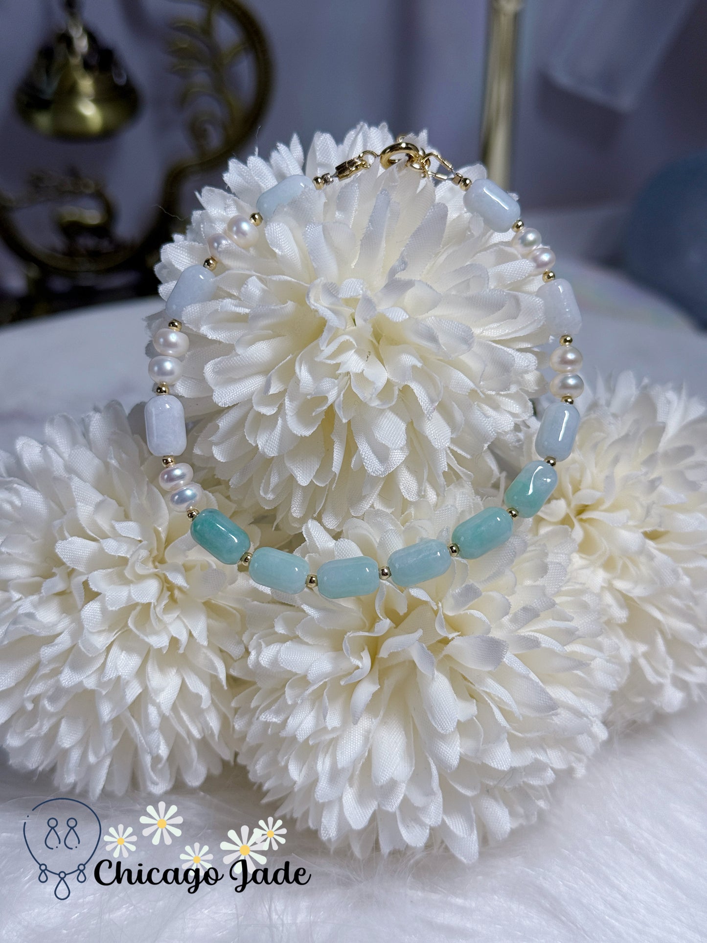 Light Blue Natural Untreated Grade A Type A Burma Jadeite Jade Feicui Beads with Freshwater Pearl Handmade Adjustable Bracelet Gift