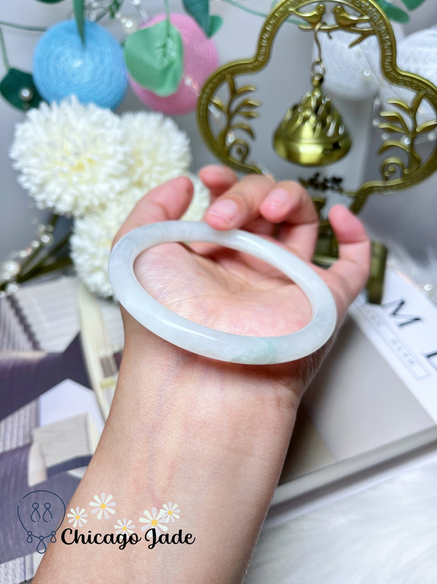 59.9mm Size L Round White Base with Cotton Clouds and Blue Highlights Natural Jadeite Jade Feicui Bangle Burma