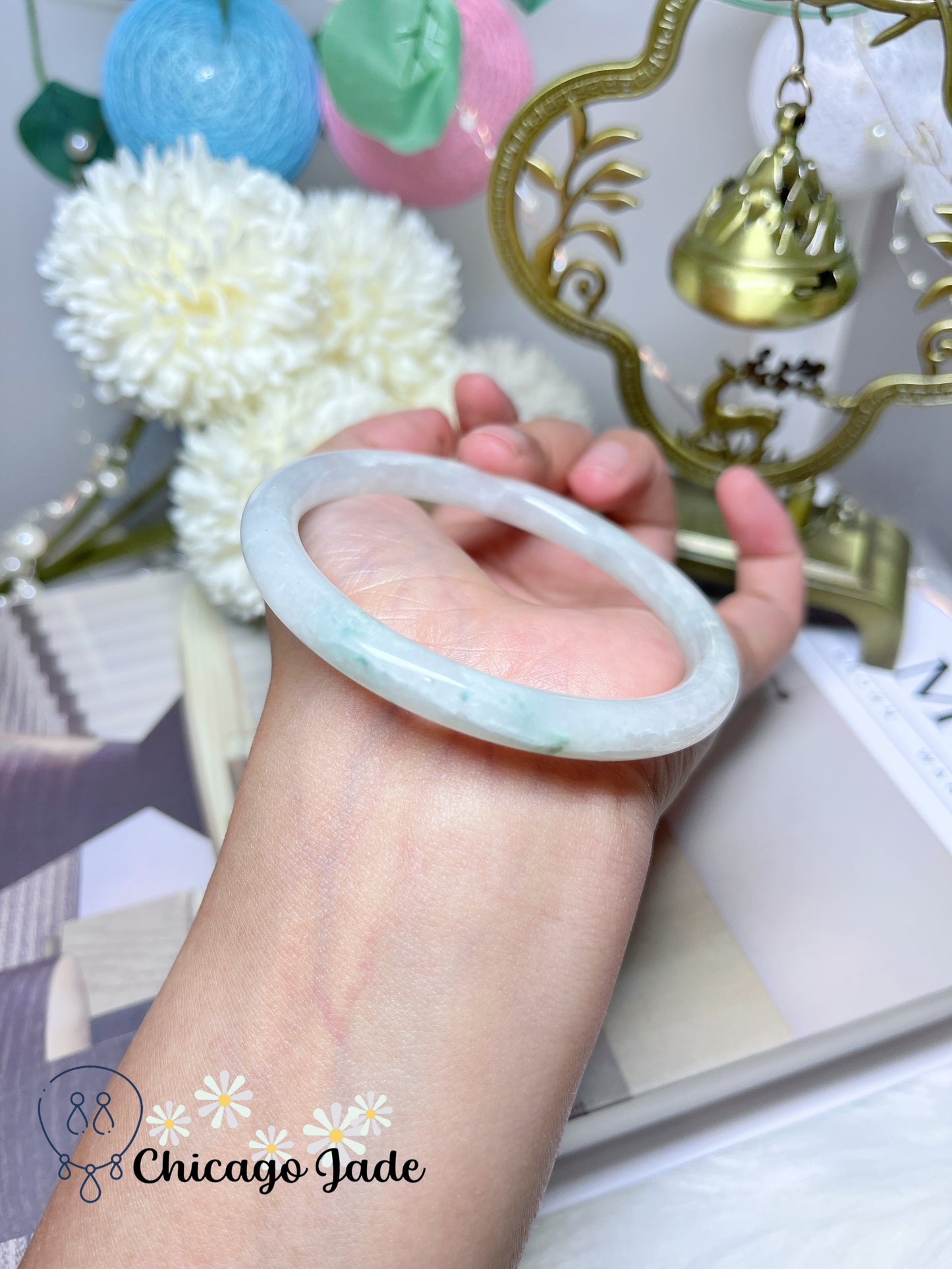 59.9mm Size L Round White Base with Cotton Clouds and Blue Highlights Natural Jadeite Jade Feicui Bangle Burma