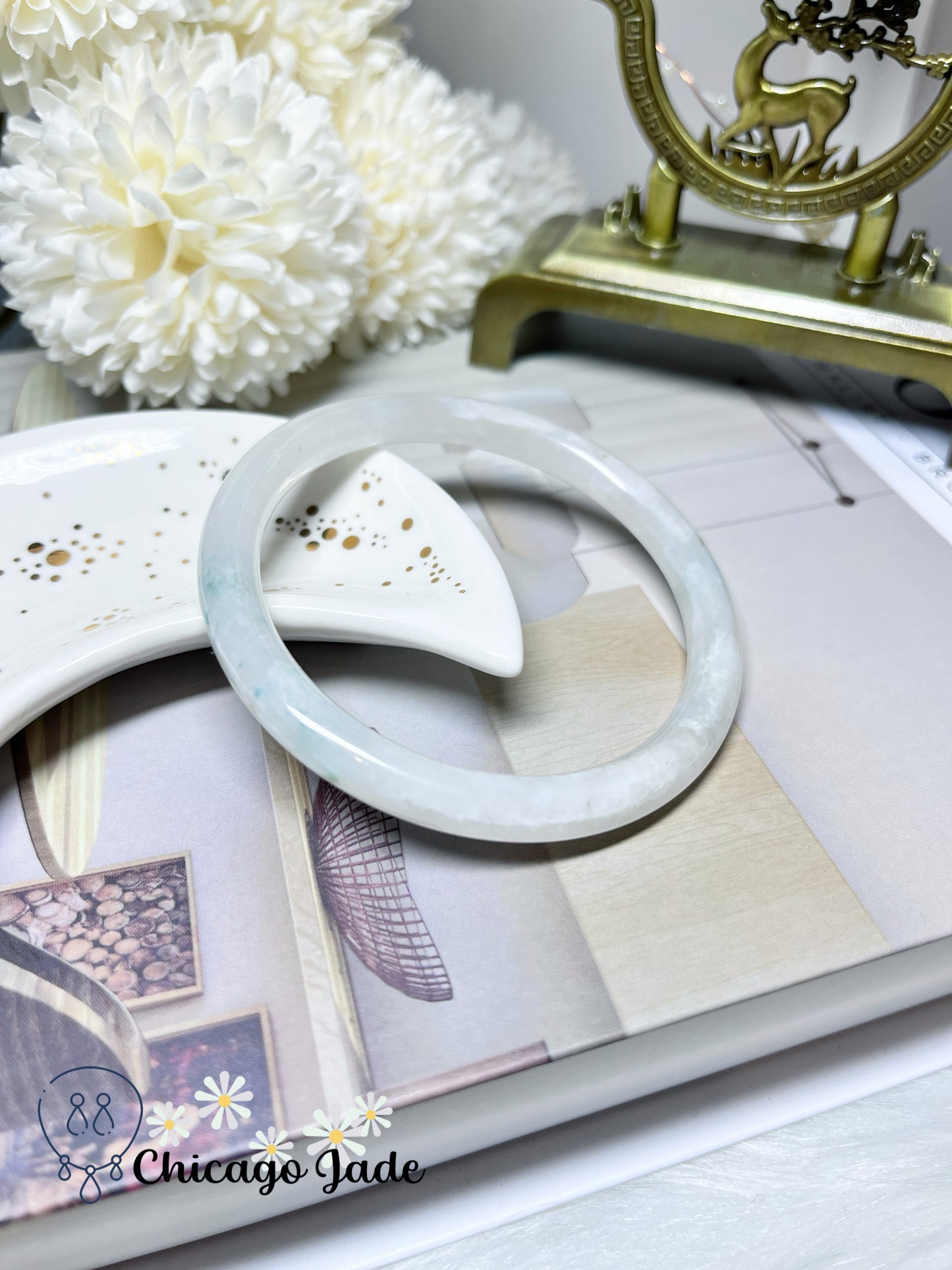 59.9mm Size L Round White Base with Cotton Clouds and Blue Highlights Natural Jadeite Jade Feicui Bangle Burma