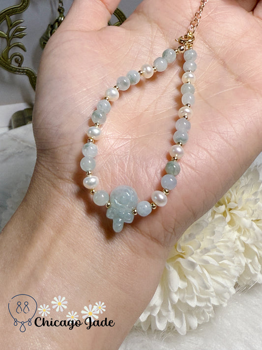 Natural Grade A Type A Burma Jadeite Jade Feicui Beads with Freshwater Pearls Handmade Adjustable Bracelet Gift