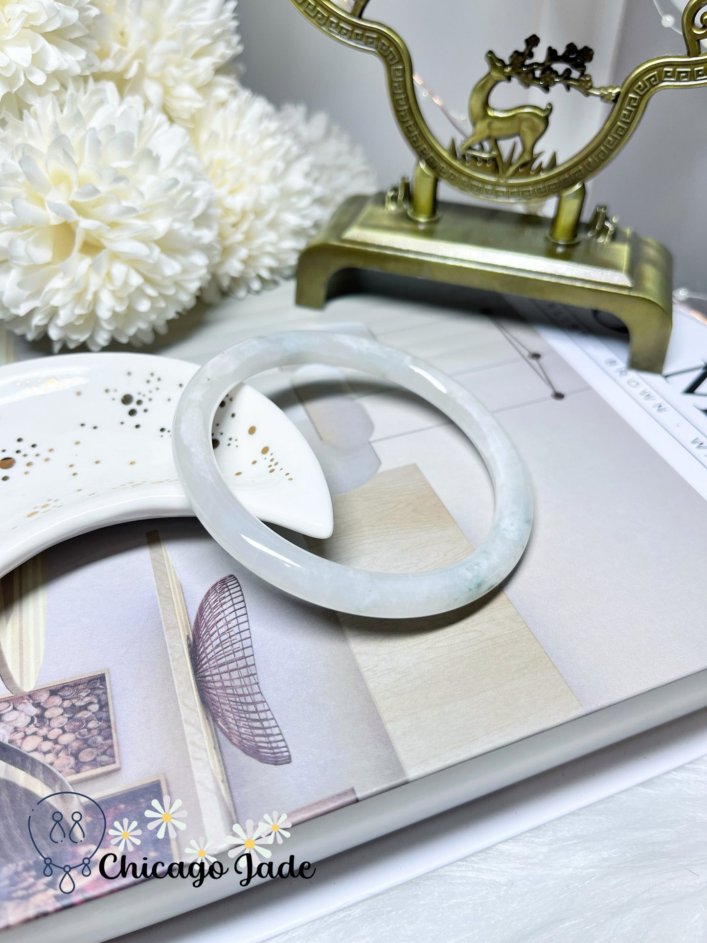 59.9mm Size L Round White Base with Cotton Clouds and Blue Highlights Natural Jadeite Jade Feicui Bangle Burma